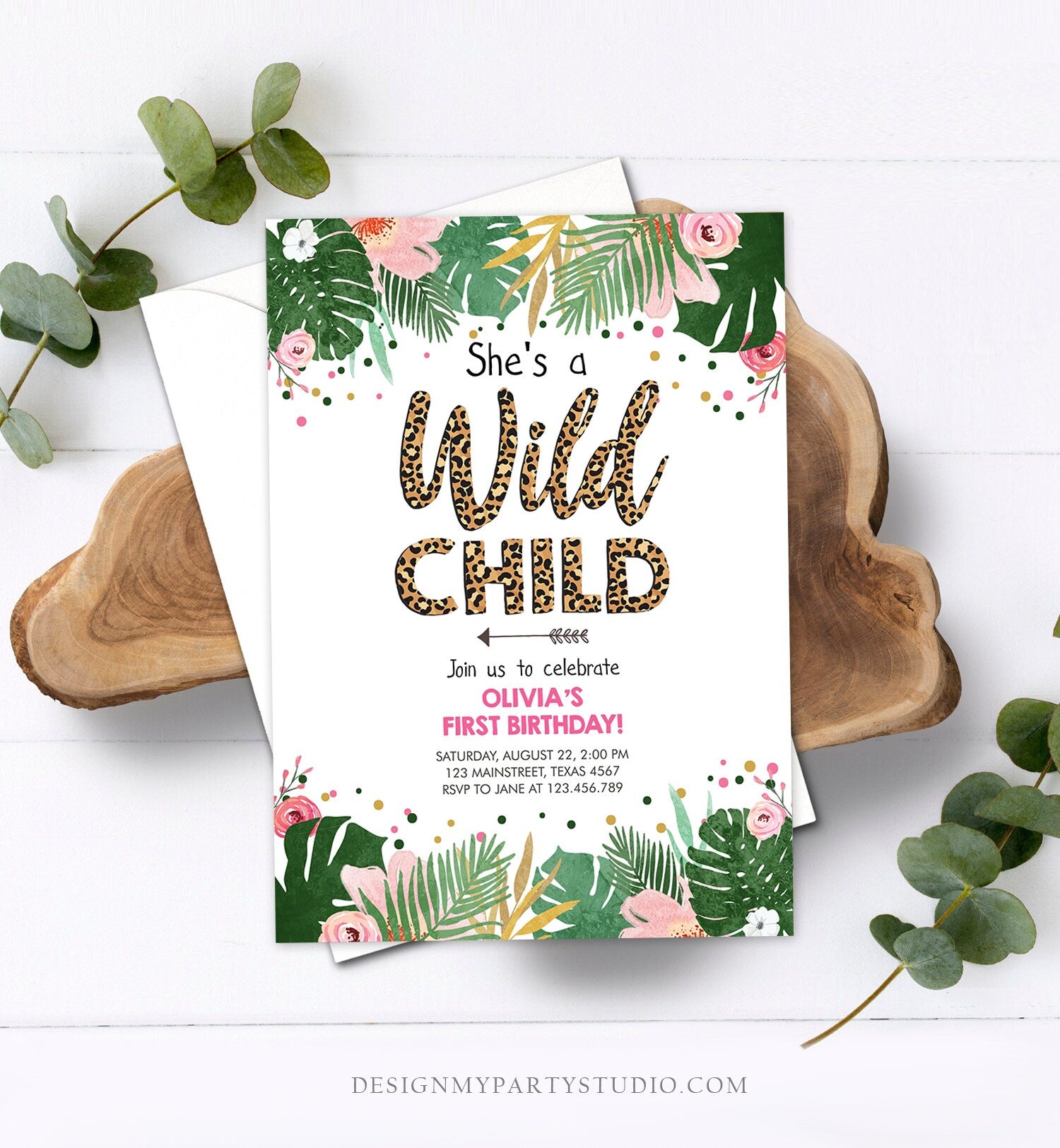 Editable Wild Child Birthday Invitation Girl Tropical Safari Pink Leopard Jungle Wild One Two Wild Digital Download Template Printable 0332