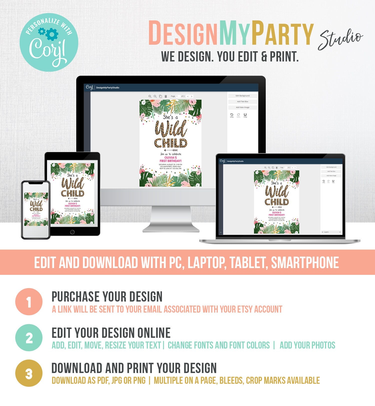 Editable Wild Child Birthday Invitation Girl Tropical Safari Pink Leopard Jungle Wild One Two Wild Digital Download Template Printable 0332