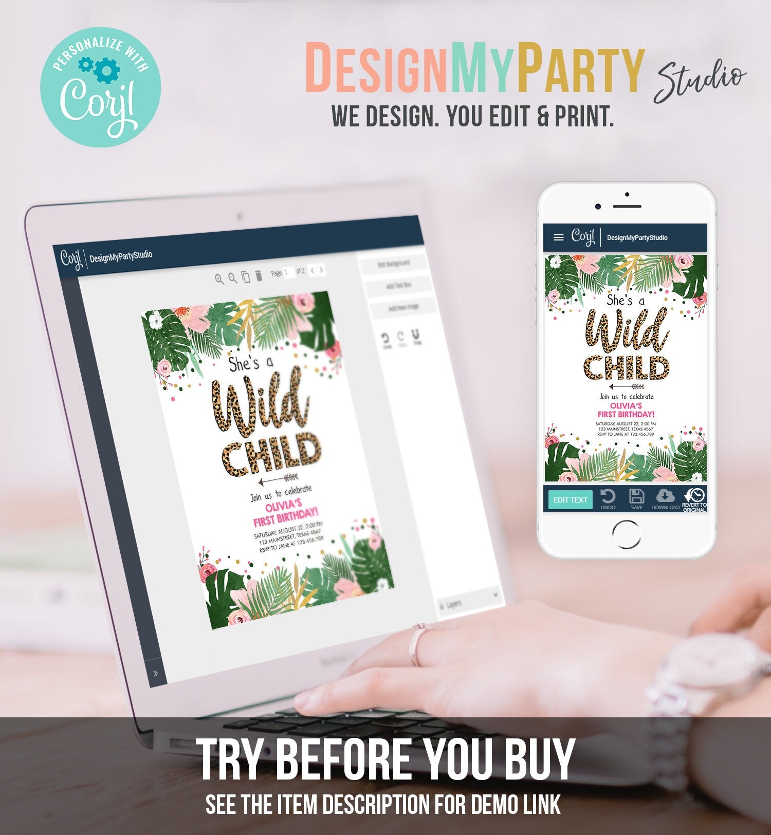 Editable Wild Child Birthday Invitation Girl Tropical Safari Pink Leopard Jungle Wild One Two Wild Digital Download Template Printable 0332