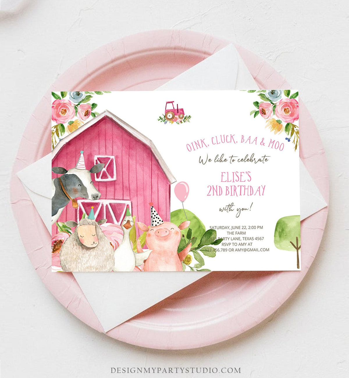 Editable Farm Birthday Invitation Girl Farm Animals Pink Floral Barnyard Party Download Printable Invitation Template Digital Corjl 0155