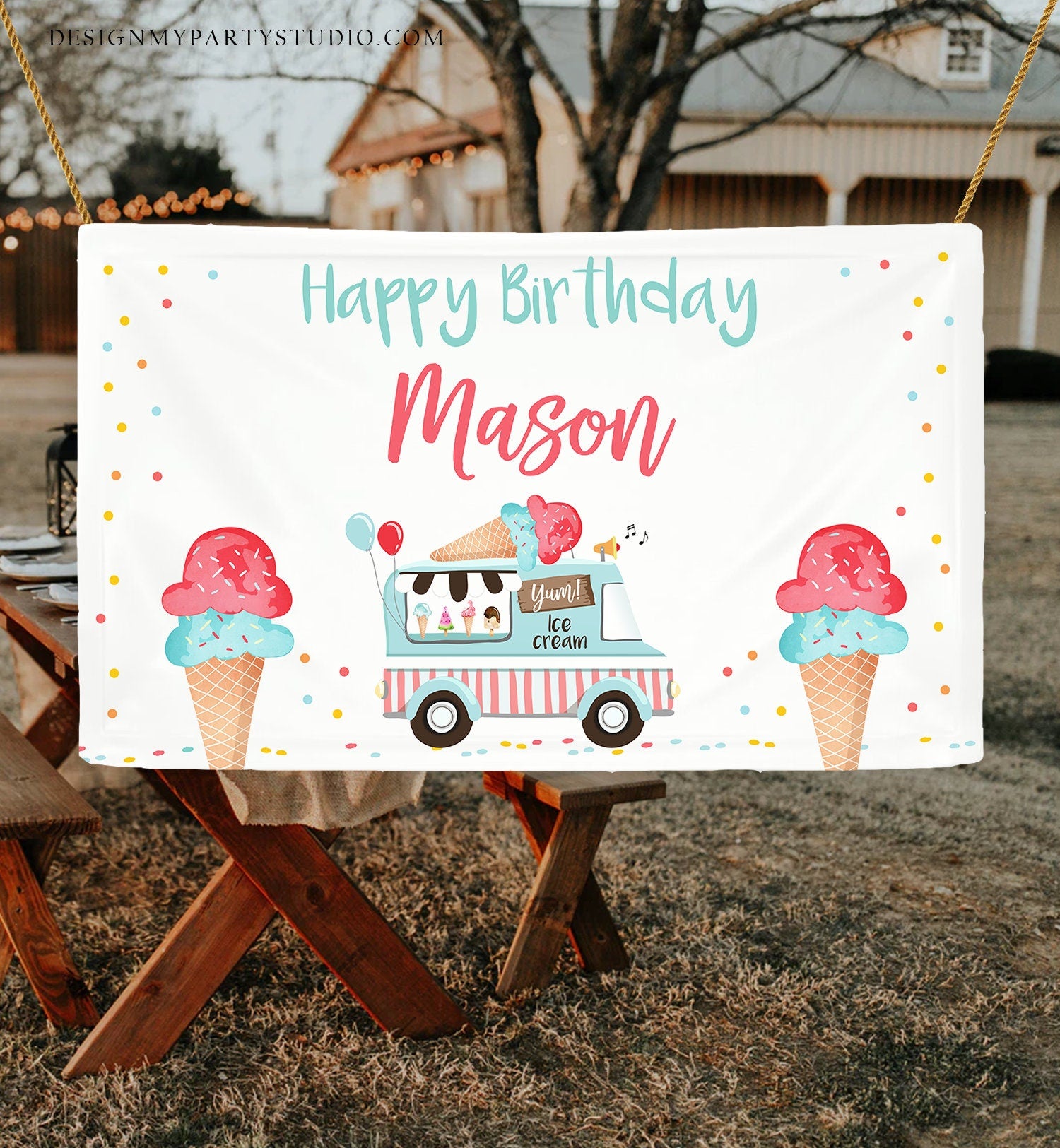 Editable Ice Cream Truck Birthday Backdrop Banner Welcome Ice Cream Party Boy Red Blue Ice Cream Sign Download Template Printable 0243