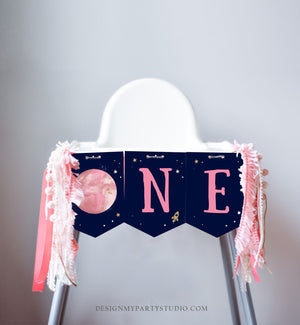 Outer Space Planets High Chair Banner Galaxy Girl 1st First Birthday Pink High Chair Banner ONE Space Party Decor PRINTABLE Digital 0357