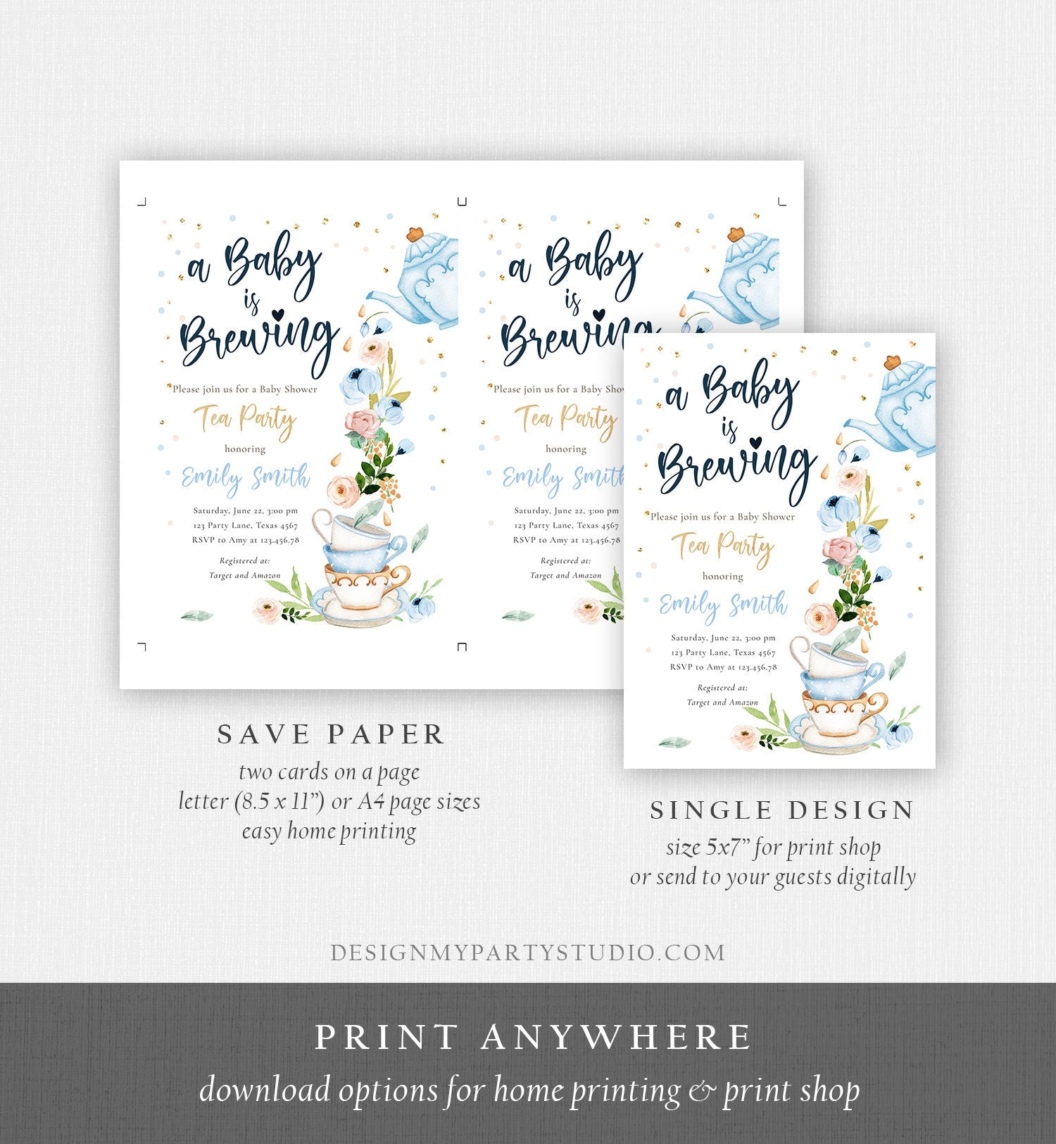 Editable Tea Party Baby Shower Invitation Tea Shower Sprinkle Floral Blue Boy Gold Brunch Bubbly Download Corjl Template Printable 0349