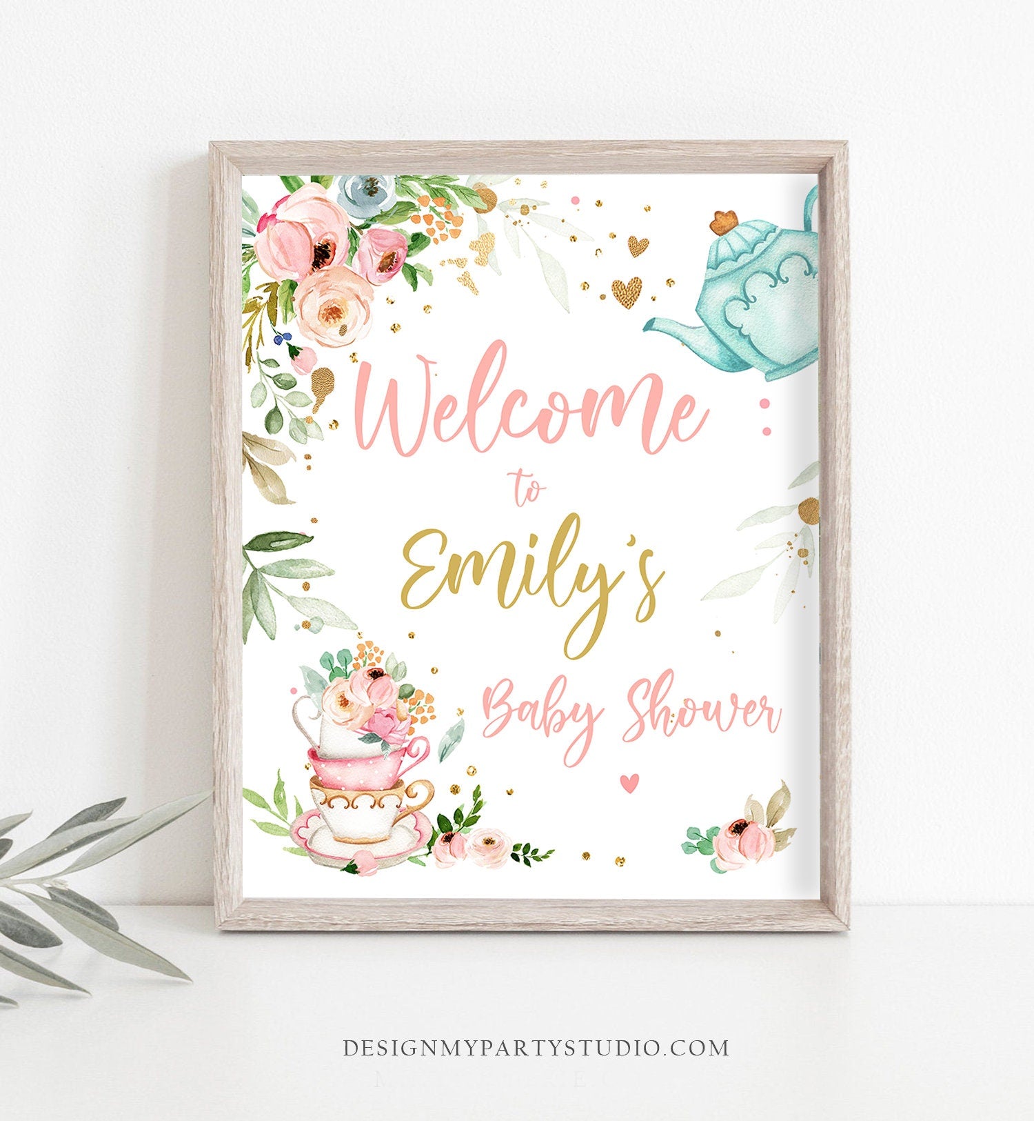 Editable Tea Baby Shower Welcome Sign Baby is Brewing Floral Pink Gold Whimsical Girl Shower Garden Party Template PRINTABLE Corjl 0349