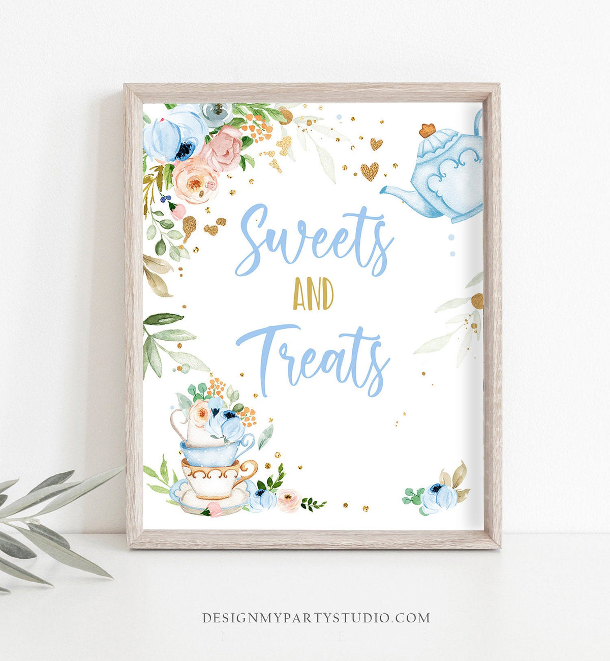 Sweets &amp; Treats Sign Tea Baby Shower Party Sign Blue Gold Baby is Brewing Desserts Table Sign Decorations Instant Download Printable 0349