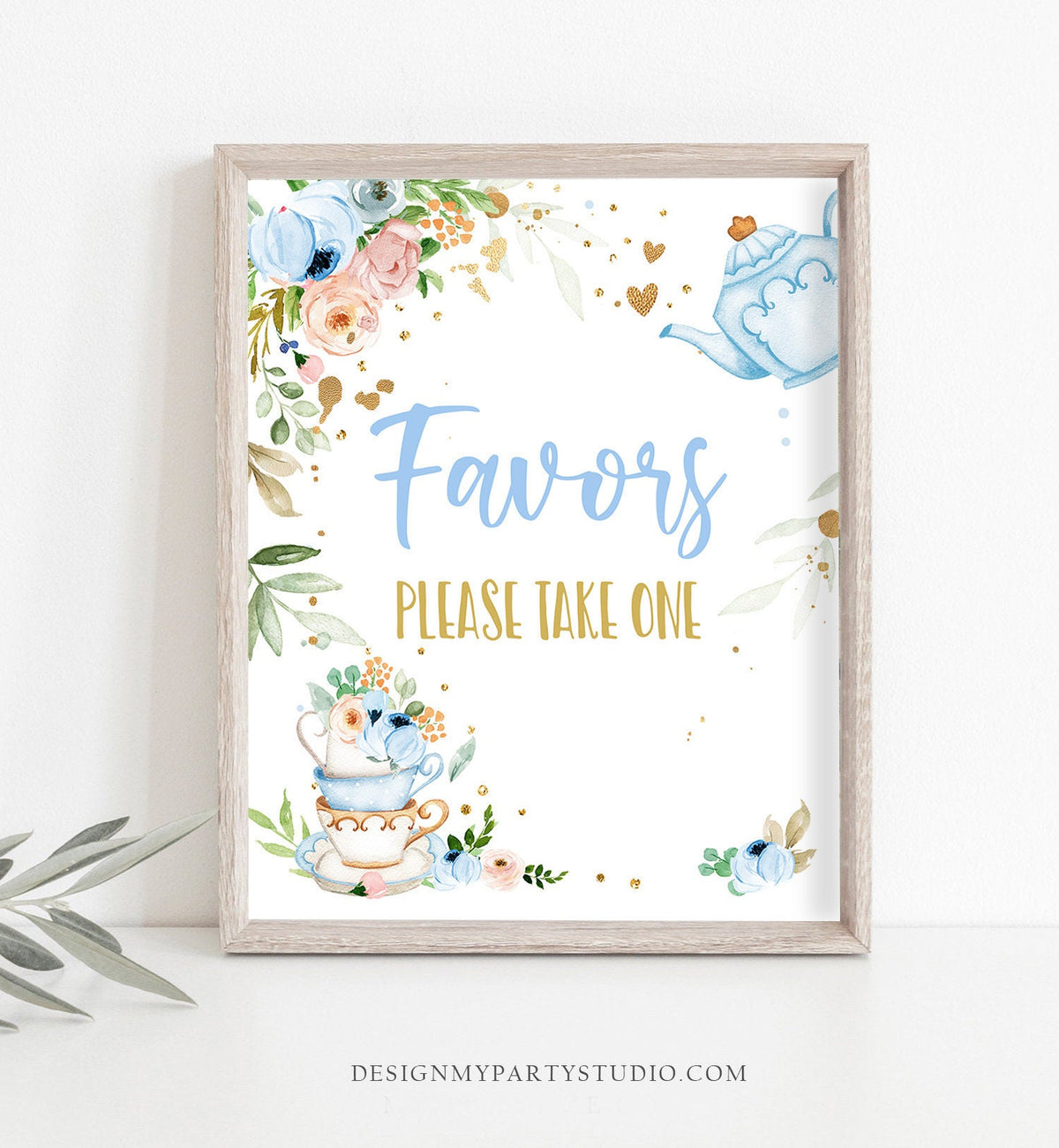 Tea Party Sign Favors Sign Tea Baby Shower Sign Blue Gold Floral Baby is Brewing Decor Par-tea Favors Sign Treats Download Printable 0349