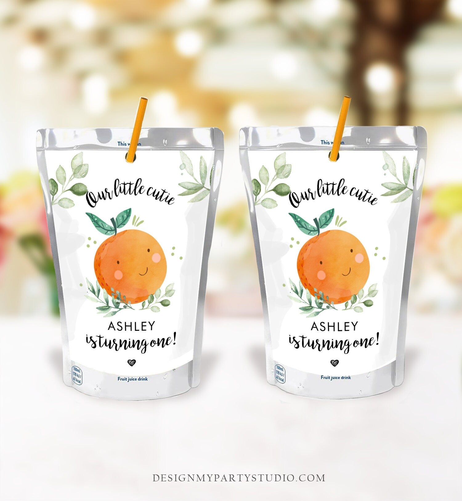 Editable Little Cutie Juice Pouch Label Juice Favors Cutie Birthday Rustic Girl Orange Juice Cup Digital Download Template Printable 0330