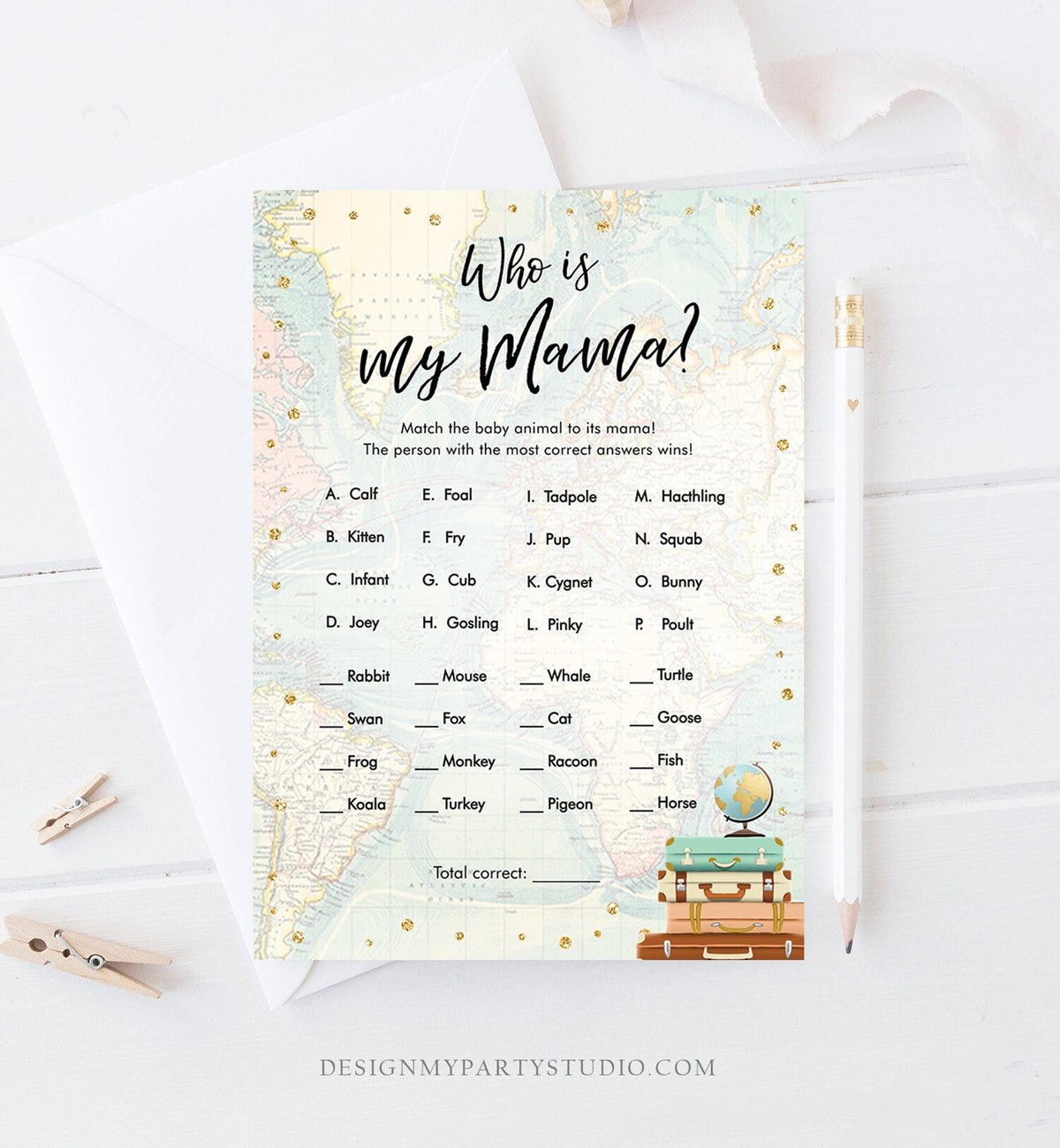 Editable Who is My Mama Baby Shower Game Card Travel Adventure Journey Animal Baby Names Activity Printable Download Template Corjl 0263