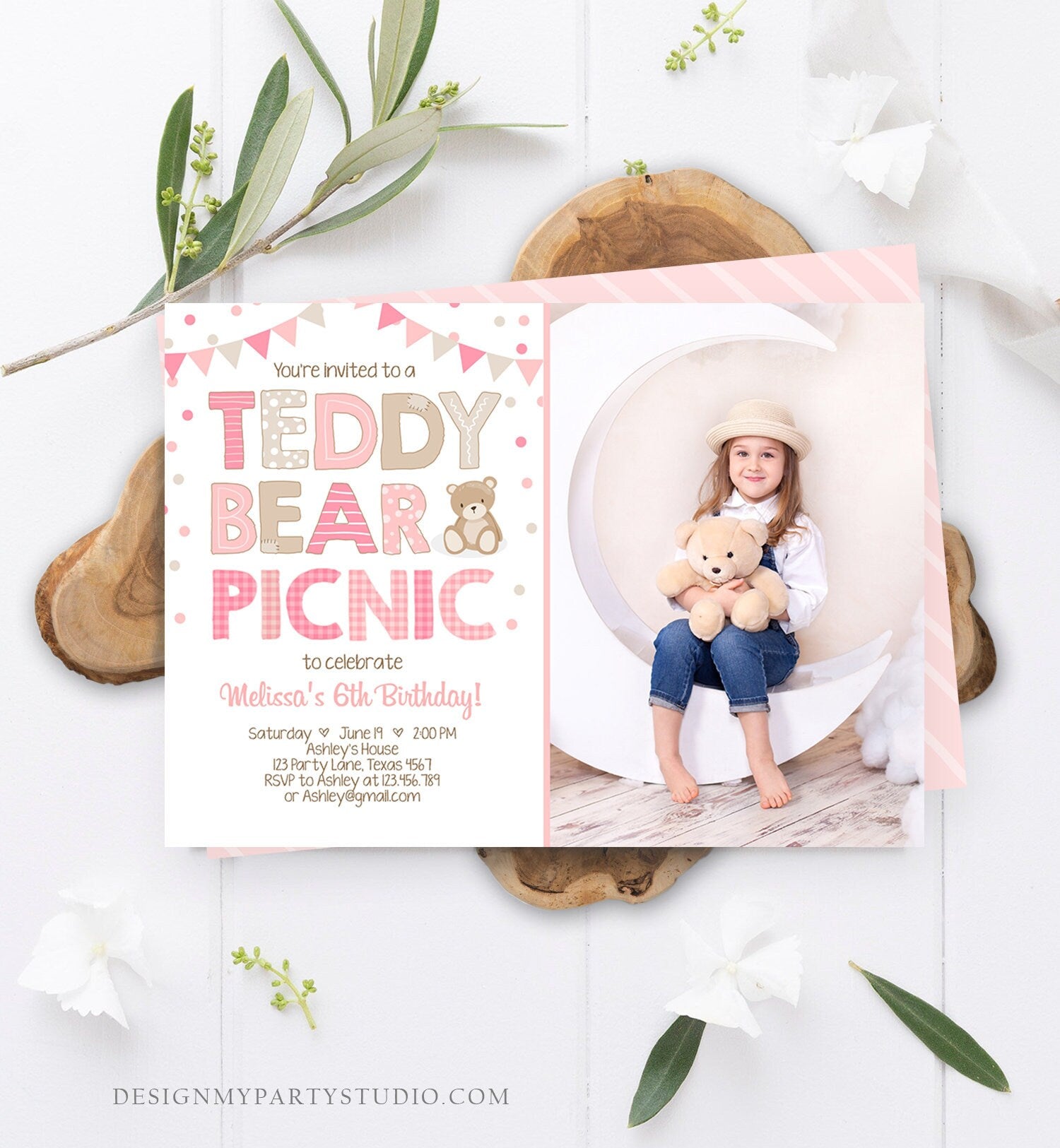 Editable Teddy Bear Picnic Birthday Invitation Girl Pink Bear Birthday Picnic Summer Outdoor Party Printable Digital Corjl Template 0100