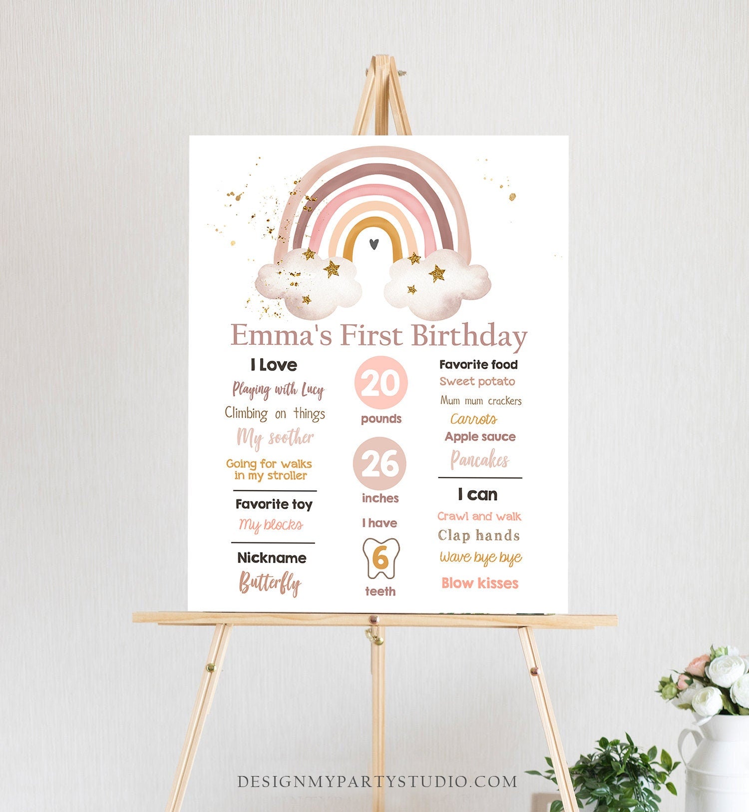 Editable Boho Rainbow Birthday Milestones Sign Girl First Birthday Modern Infographic Decor Digital Download Template Printable 0387