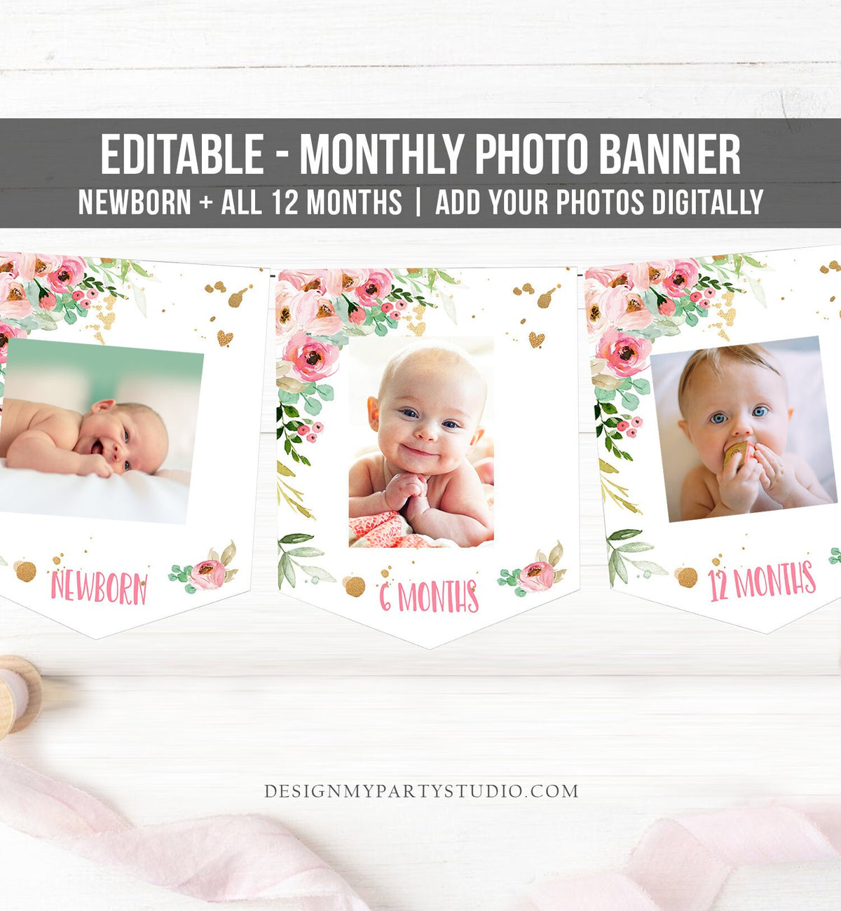 Editable First Birthday Monthly Photo Banner Little Miss Onederful Birthday Floral Pink Gold Wild One Download Template Printable 0147