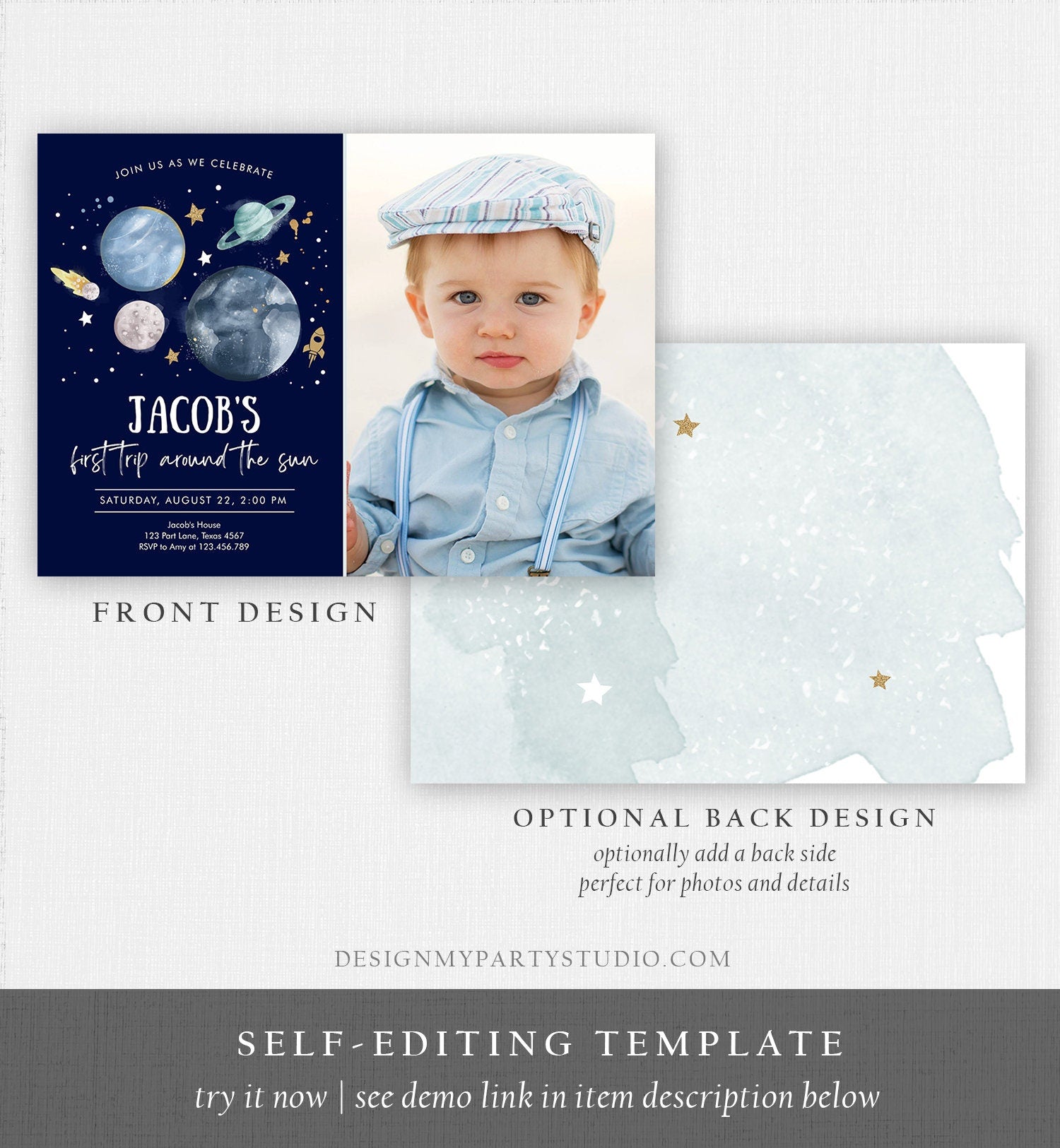 Editable Outer Space First Birthday Invitation Galaxy Blast Off First Trip Around the Sun Download Printable Template Digital Corjl 0357