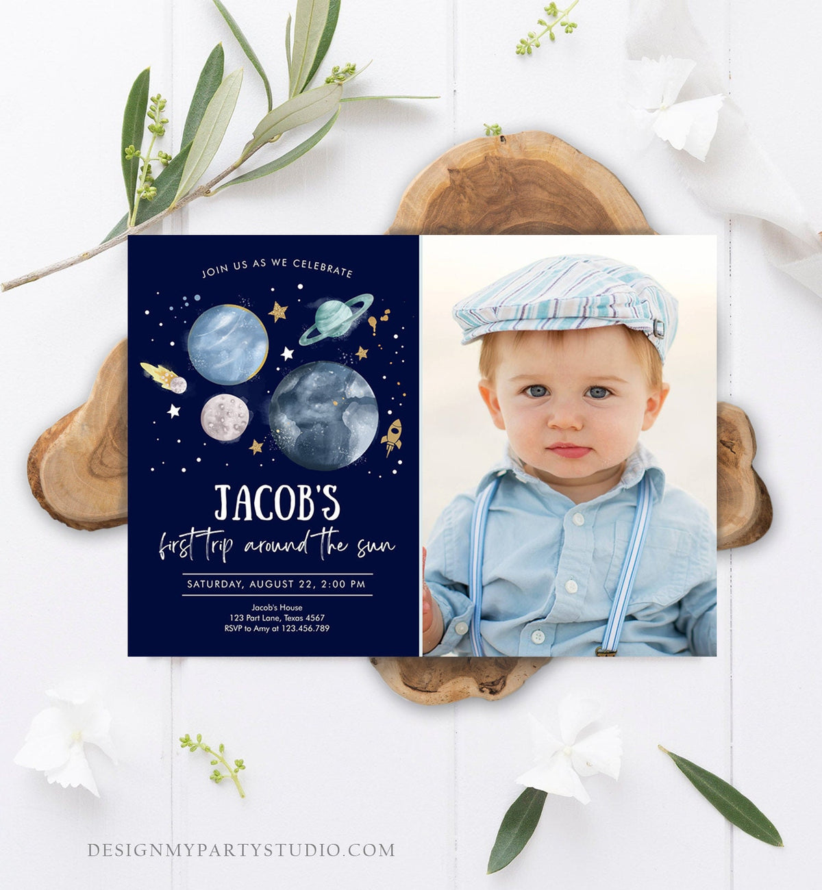 Editable Outer Space First Birthday Invitation Galaxy Blast Off First Trip Around the Sun Download Printable Template Digital Corjl 0357