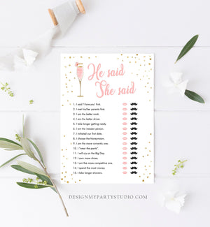 Editable He Said She Said Bridal Shower Game Brunch and Bubbly Bride or Groom Wedding Shower Activity Gold Corjl Template Printable 0150