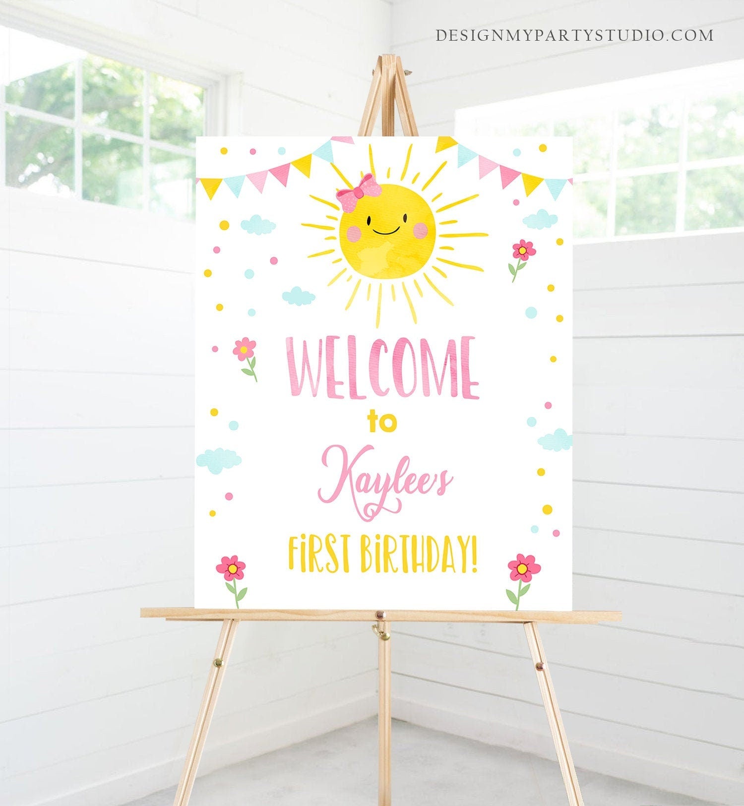 Editable Sunshine Welcome Sign Little Sunshine Birthday Party Pink Girl Lemonade and Fun Lemonade Stand Summer Template PRINTABLE Corjl 0141