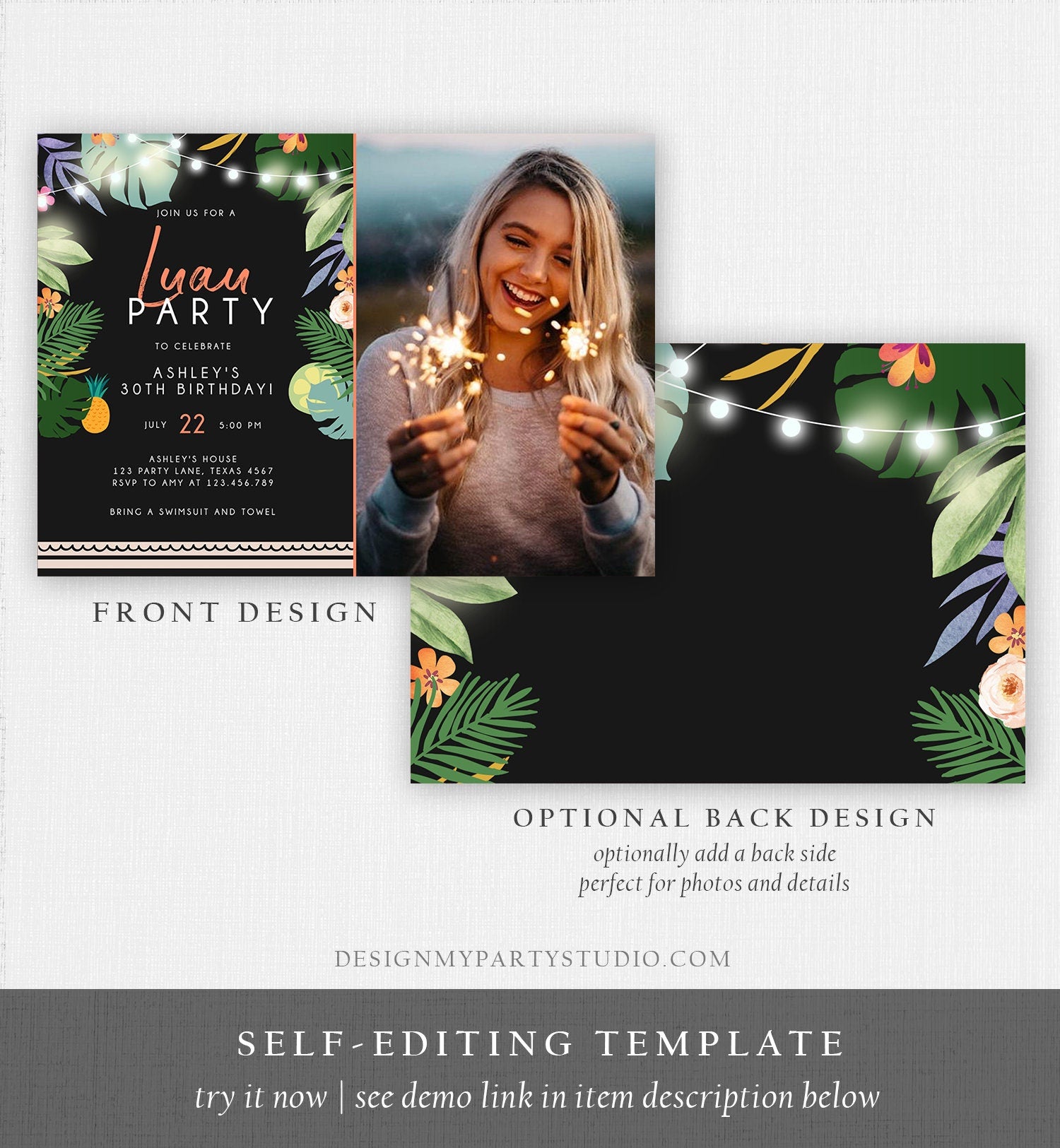 Editable Tropical Luau Birthday Invitation Tropical Party Adult Birthday Man Woman Leaves Hawaiian Download Evite Template Printable 0183