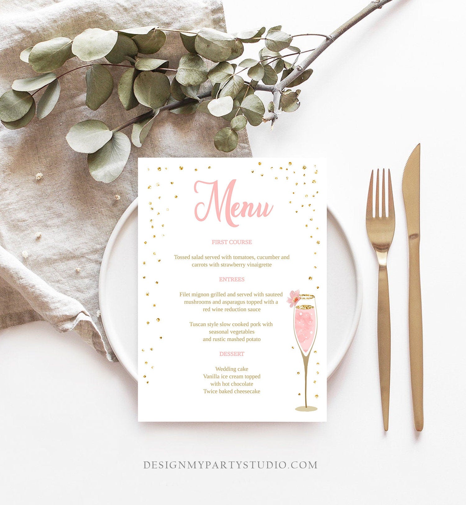 Editable Brunch and Bubbly Menu Card Bridal Shower Pink Champagne Gold Confetti Wedding Menu Floral Download Corjl Template Printable 0150