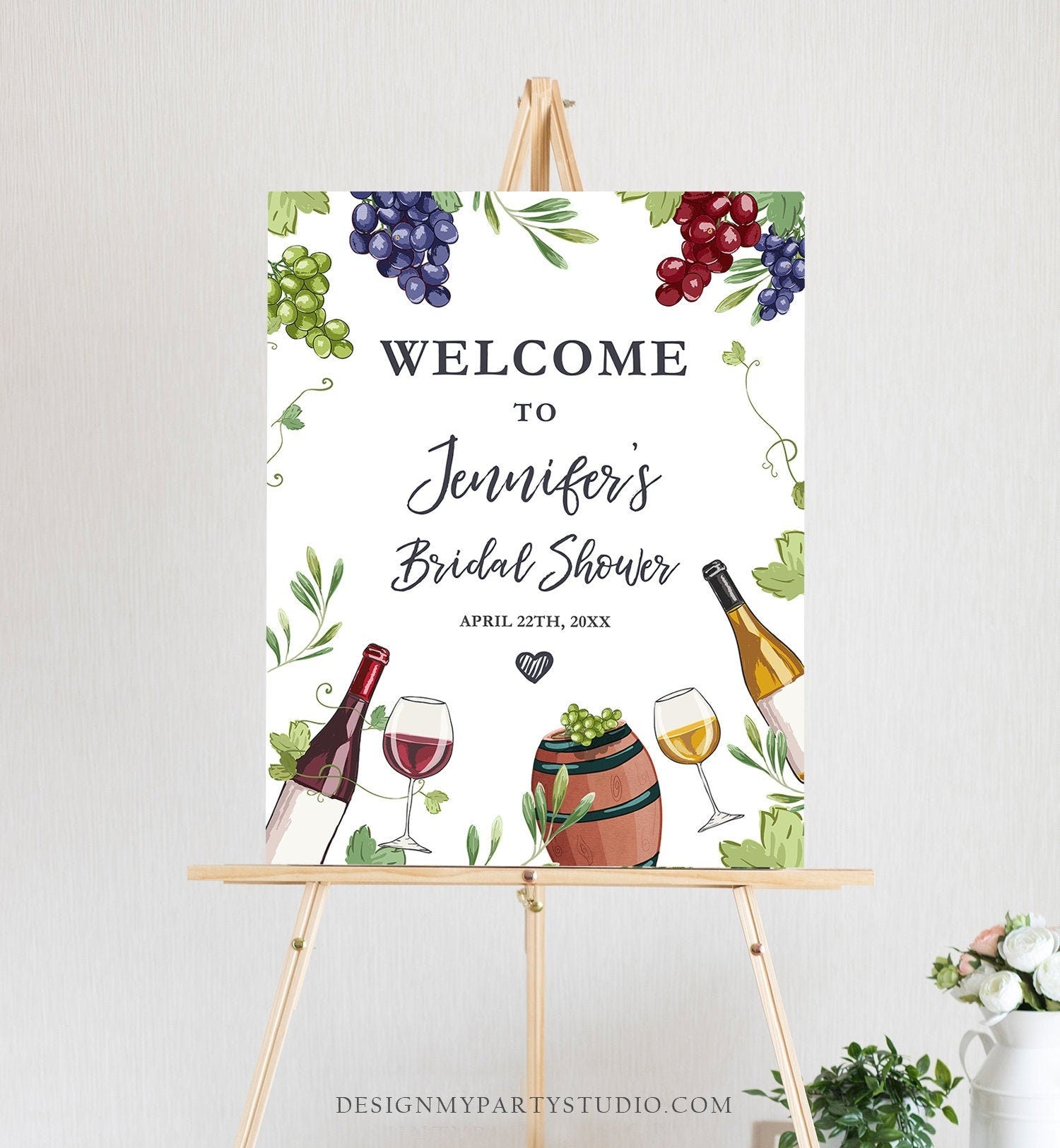 Editable Wine Welcome Sign Couples Shower Welcome Cheers to Love Brunch Bubbly Grapes Bottle White Floral Digital Template Printable 0234