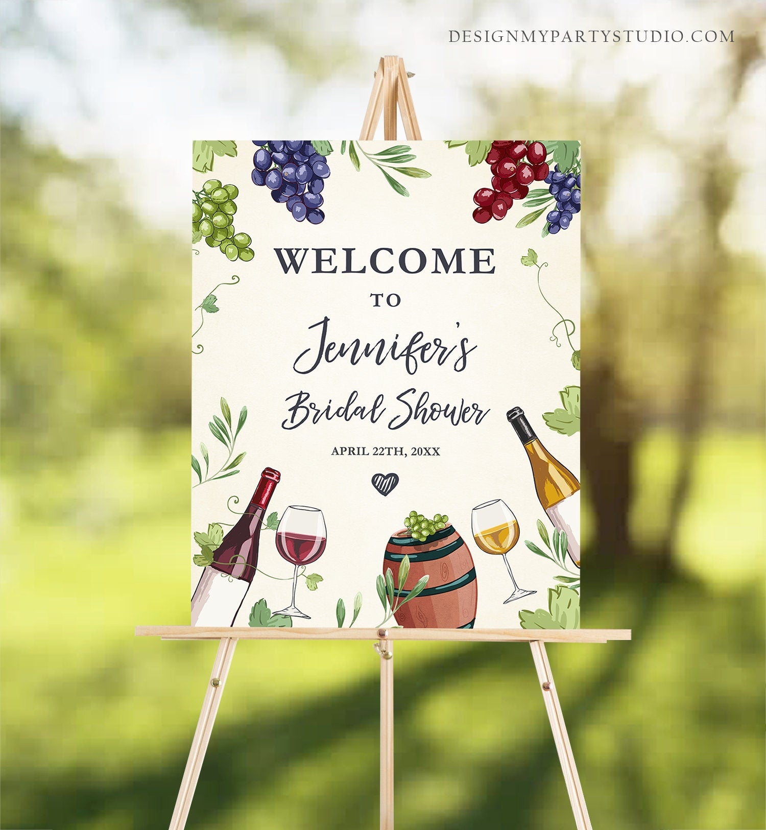 Editable Wine Welcome Sign Couples Shower Welcome Cheers to Love Brunch Bubbly Grapes Bottle White Red Floral Corjl Template Printable 0234