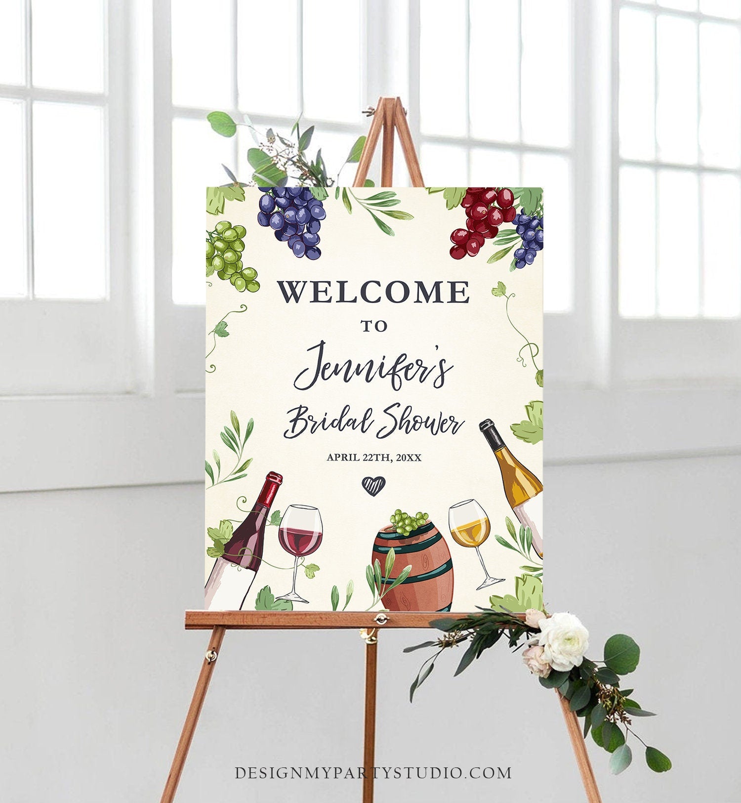 Editable Wine Welcome Sign Couples Shower Welcome Cheers to Love Brunch Bubbly Grapes Bottle White Red Floral Corjl Template Printable 0234