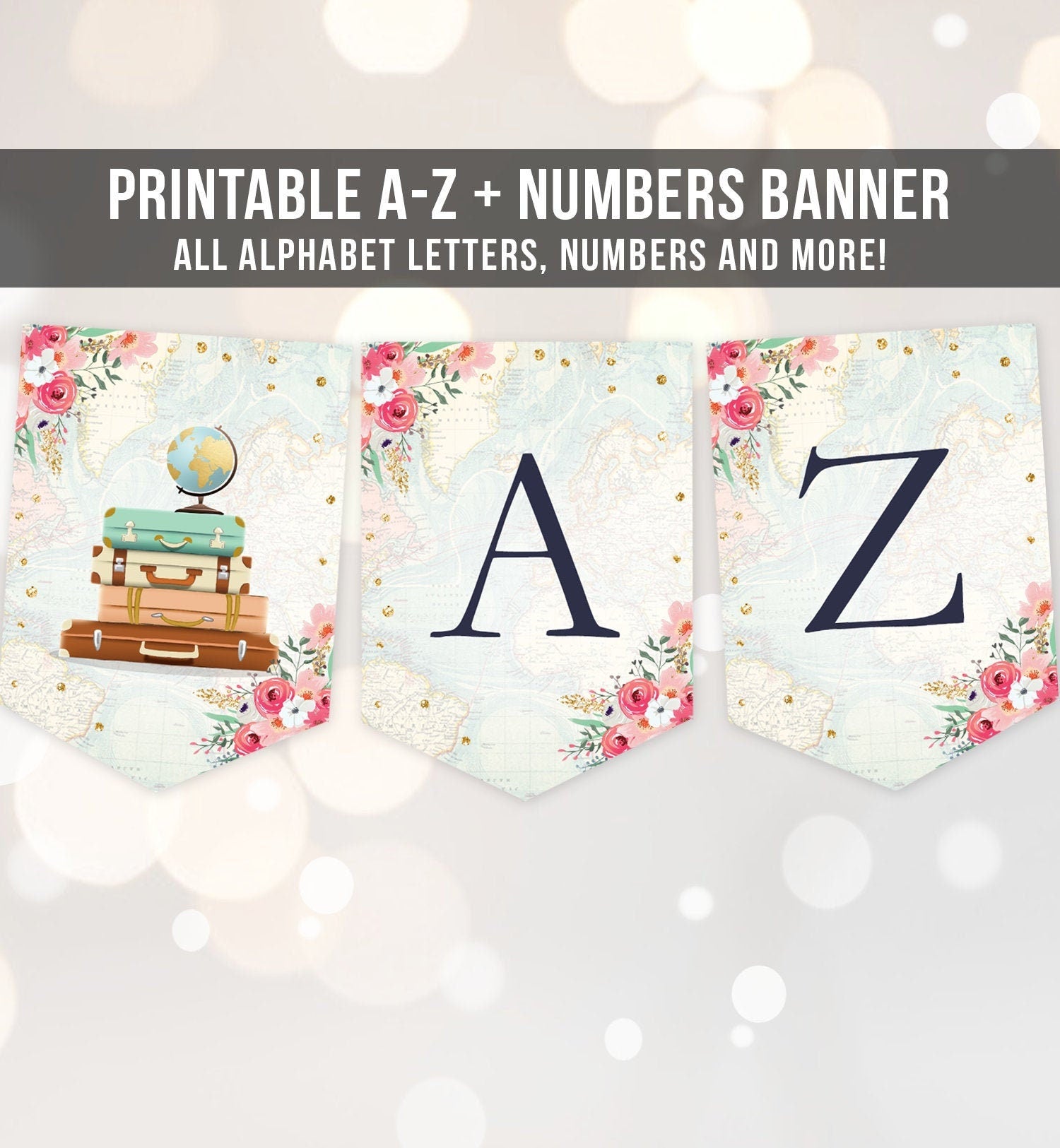 Traveling A-Z Banner Bridal Shower Travel Adventure Baby Shower Numbers Pink Floral Gold Banner Decor Instant Download Printable 0030