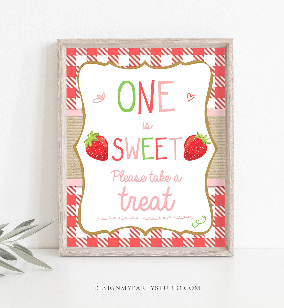 One is Sweet Take a Treat First Birthday Sign Girl Strawberry Birthday Party 1st Summer Fruit Farmers Market Table Sign Decor Printable 0091