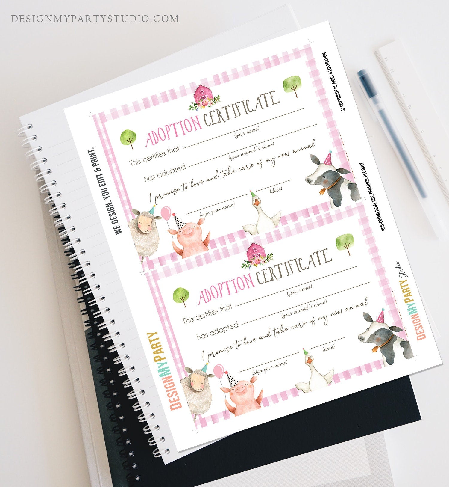 Adopt an Animal Adoption Certificate Farm Animals Adoption Pink Farm Birthday Party Barnyard Birthday Girl Download Digital PRINTABLE 0155