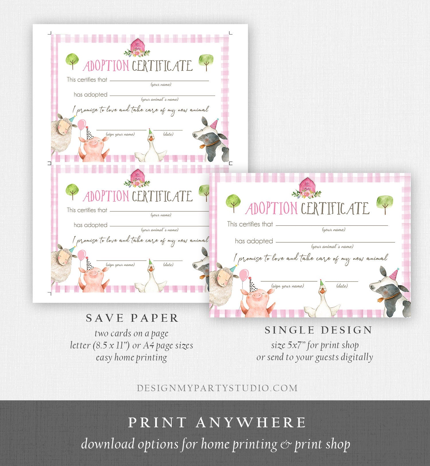 Adopt an Animal Adoption Certificate Farm Animals Adoption Pink Farm Birthday Party Barnyard Birthday Girl Download Digital PRINTABLE 0155