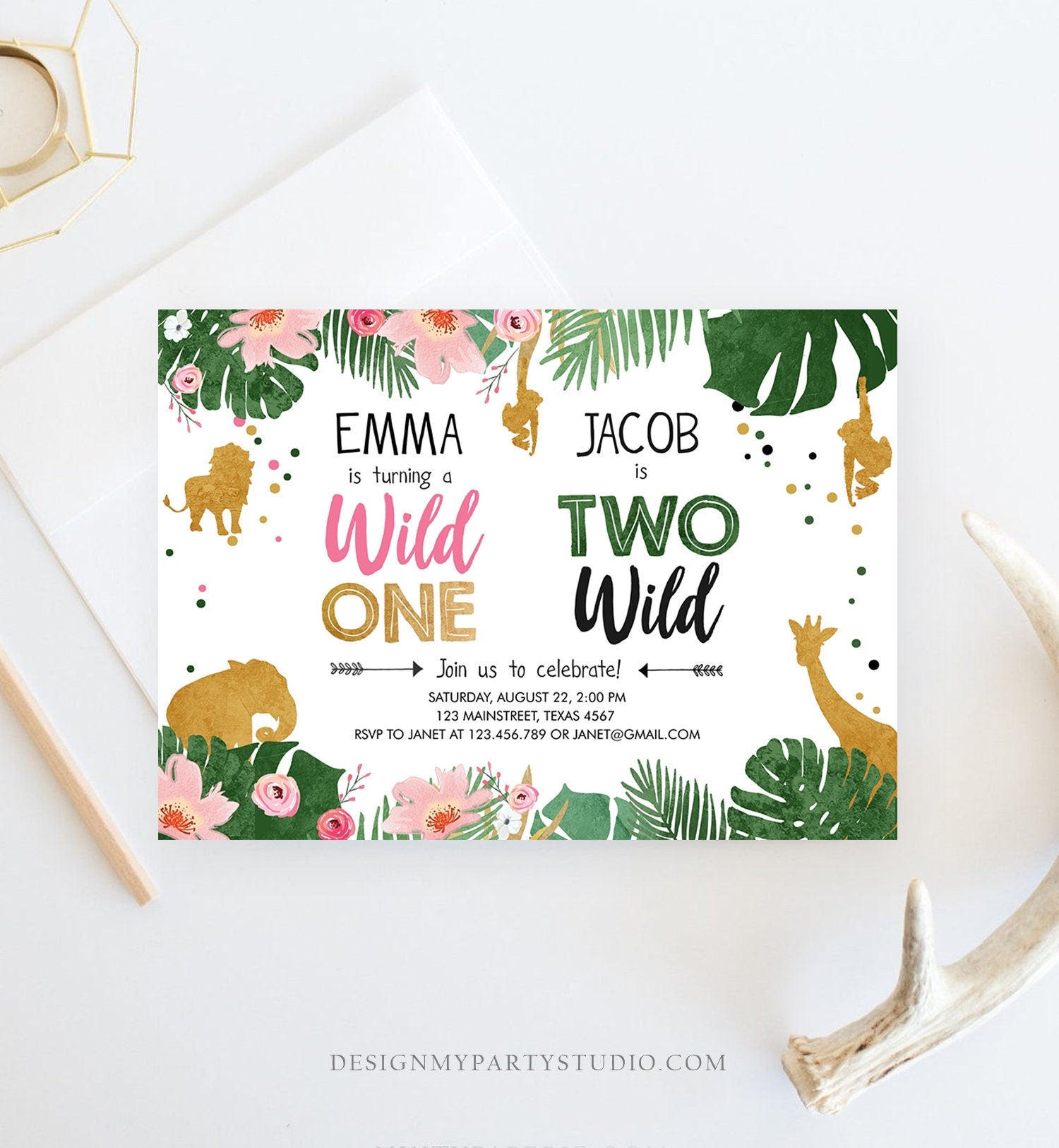 Editable Wild One Two Wild Birthday Invitation Safari Animals Boy Girl First Second Birthday Gold Joint Dual Corjl Template Printable 0016