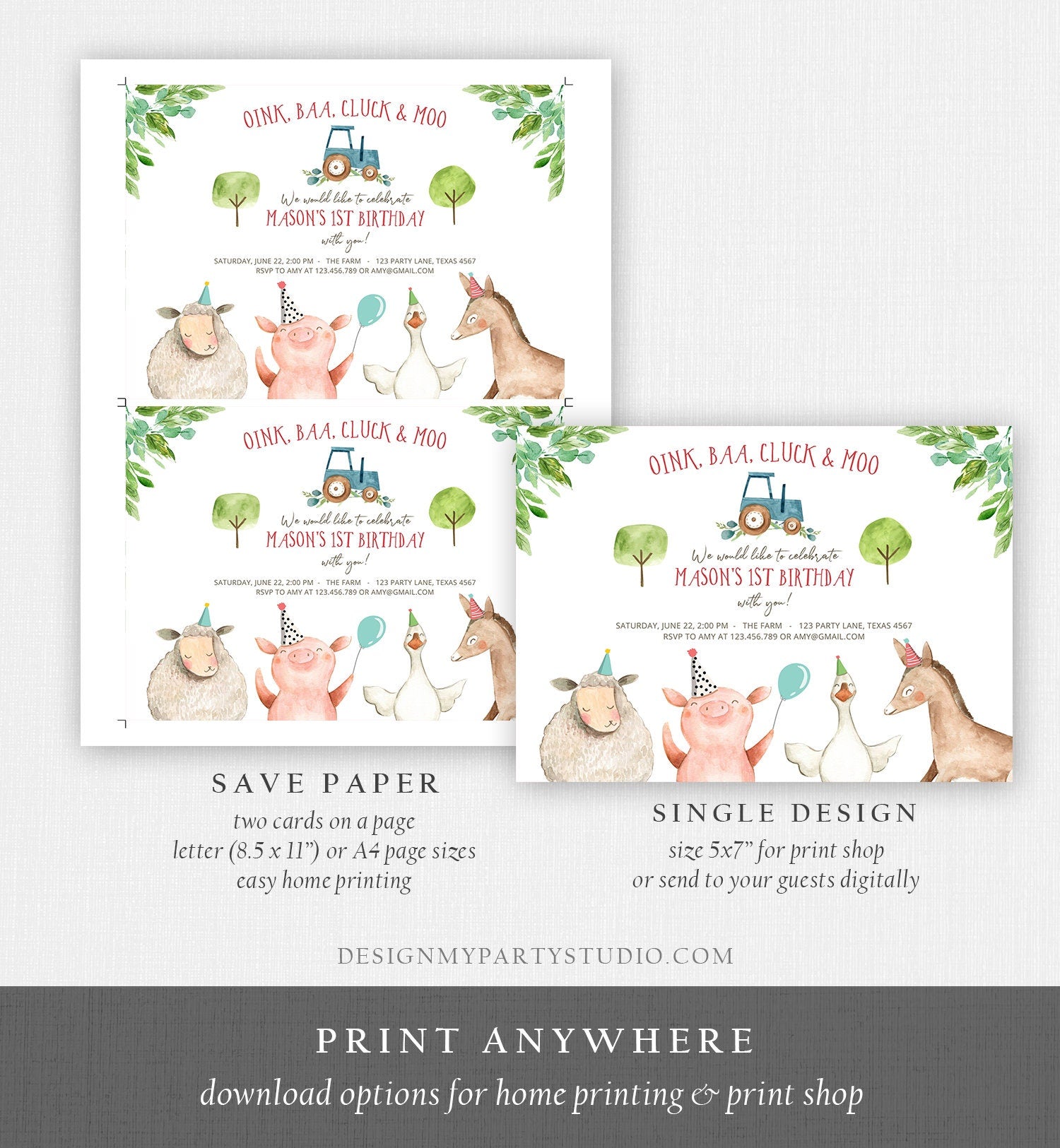 Editable Farm Birthday Invitation Boy Farm Animals Tractor Barnyard Barn Birthday Party Animals Digital Download Template Printable 0155