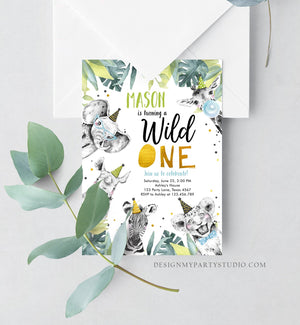 Editable Wild One Birthday Invitation Safari Party Animals Boy Gold First Birthday Born to be Wild Monochrome Corjl Template Printable 0322