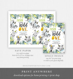 Editable Wild One Birthday Invitation Safari Party Animals Boy Gold First Birthday Born to be Wild Monochrome Corjl Template Printable 0322