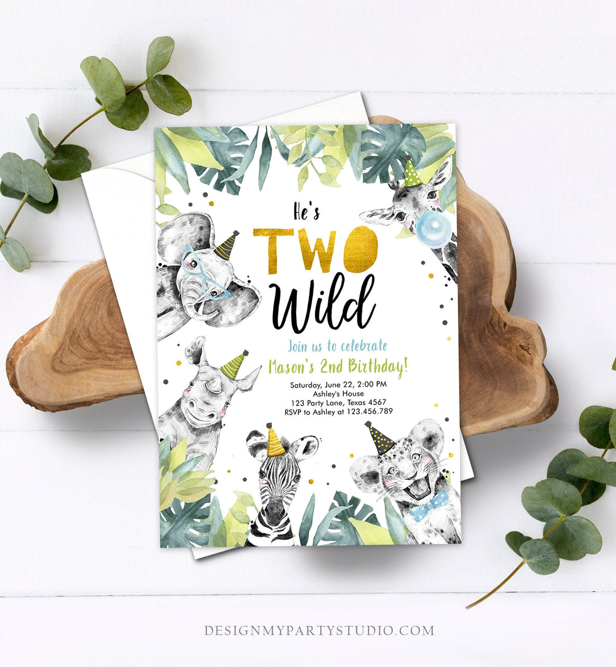 Editable Two Wild Birthday Invitation Safari Party Animals Boy Gold Second Birthday Born Two Be Wild Digital Corjl Template Printable 0322