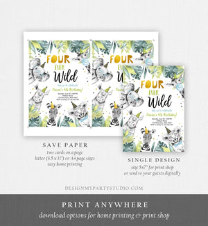 Editable Four Ever Wild Invitation Safari Animals Party Animals Boy Gold Fourth Birthday 4th Zoo Digital Corjl Template Printable 0322