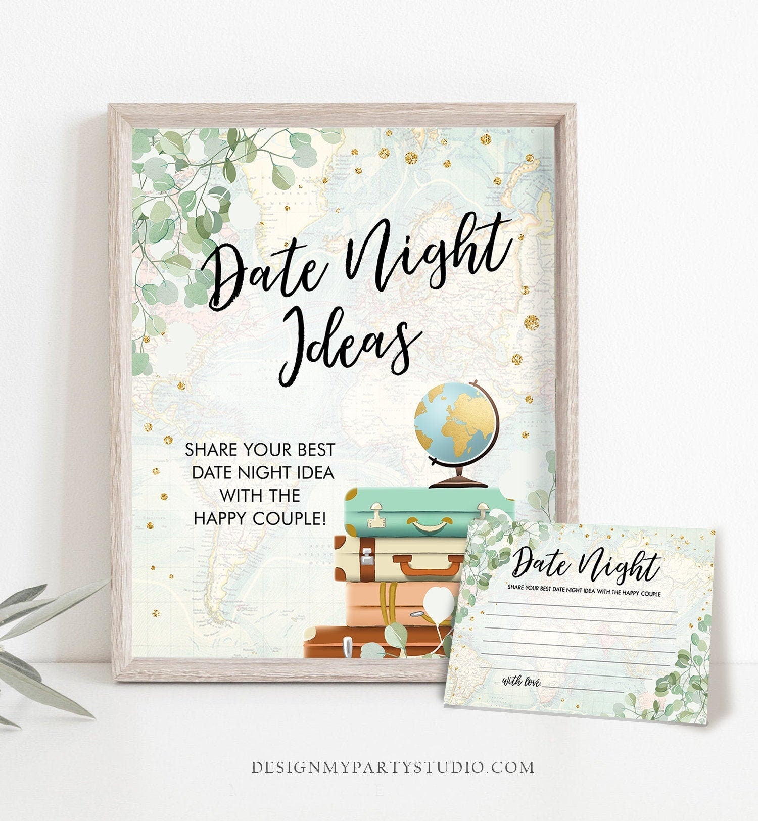 Editable Date Night Ideas Bridal Shower Game Eucalyptus Travel Adventure Greenery Gold Date Jar Sign Download Corjl Template Printable 0030