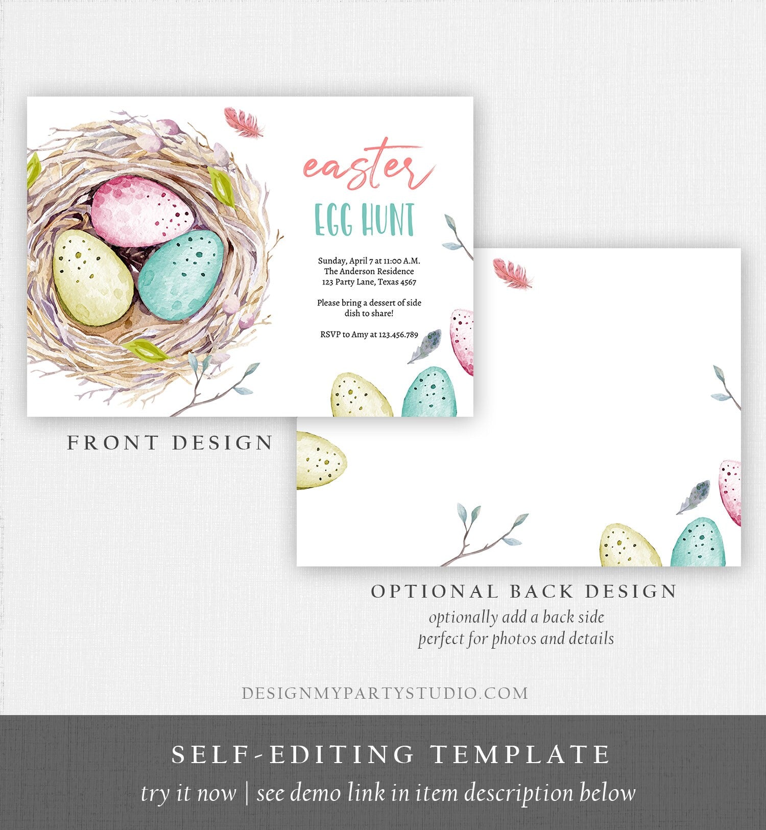 Editable Easter Egg Hunt Invitation Easter Brunch Easter Party Invite Colored Eggs Nest Download Printable Template Corjl Digital 0449 0393