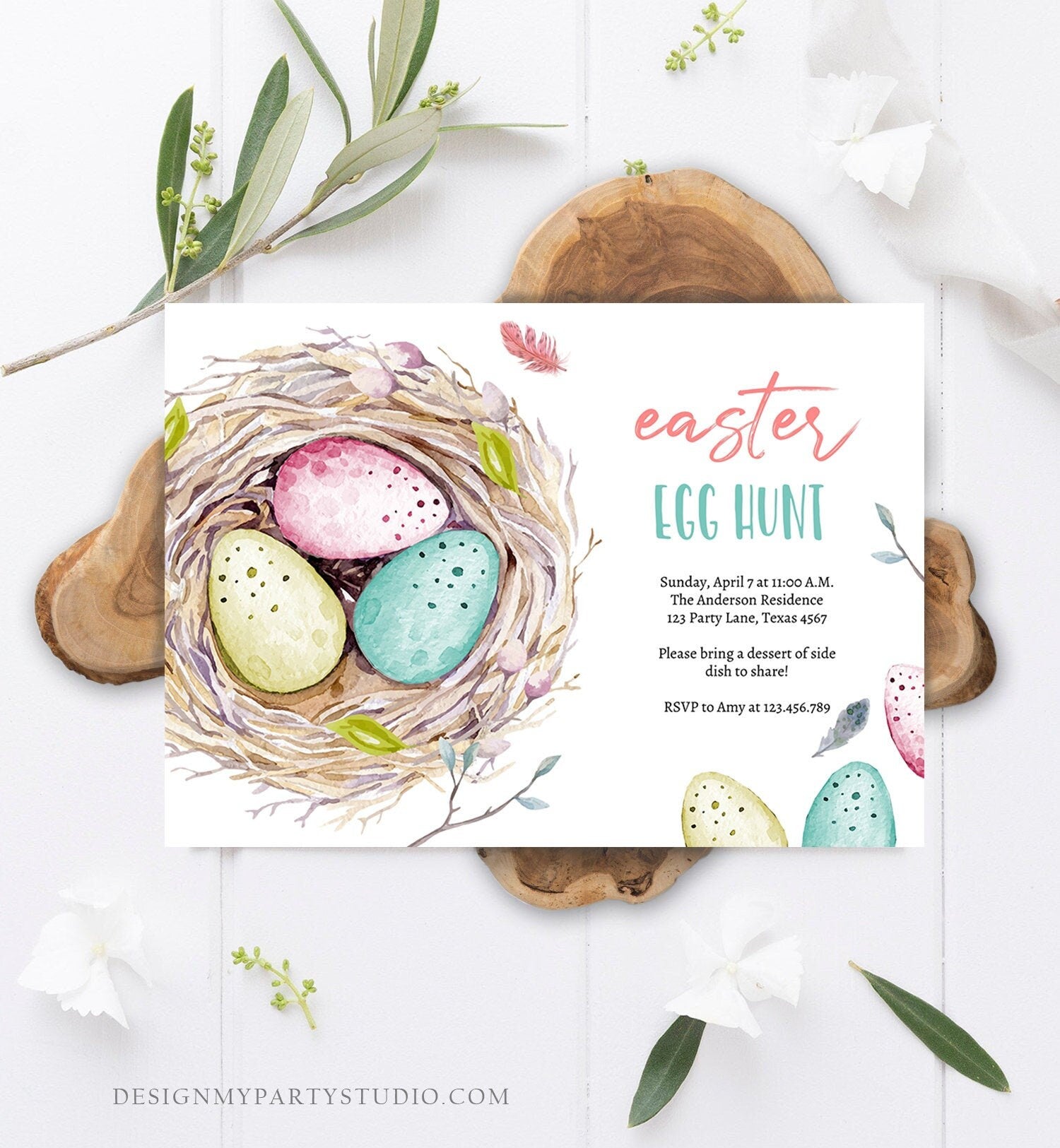 Editable Easter Egg Hunt Invitation Easter Brunch Easter Party Invite Colored Eggs Nest Download Printable Template Corjl Digital 0449 0393