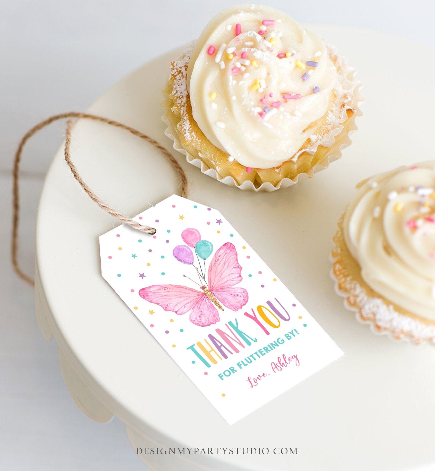 Editable Butterfly Favor Tag Birthday Favors Thank You Fluttering By Girl Pink Balloons Confetti Gold Gift Corjl Template Printable 0162