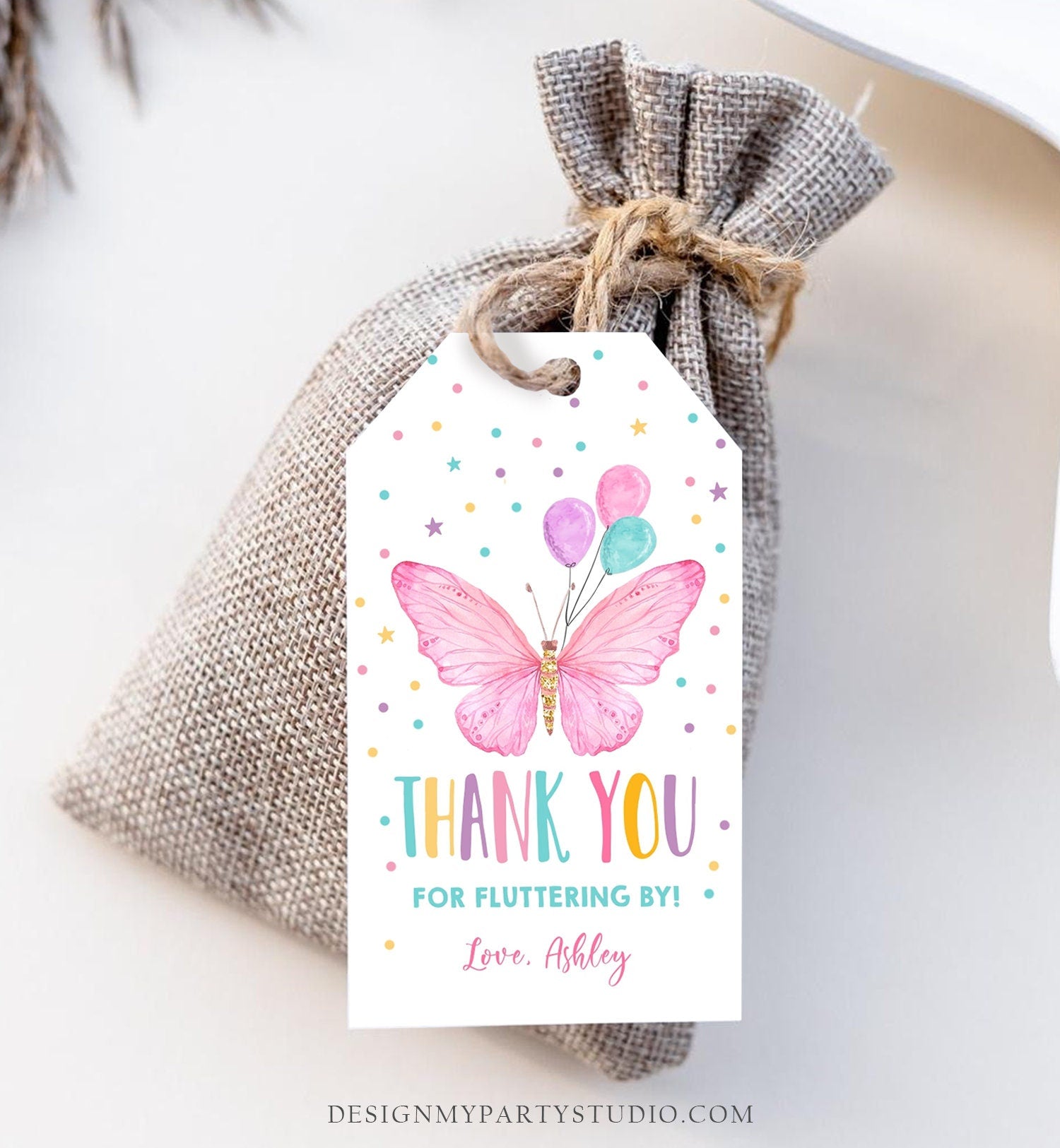 Editable Butterfly Favor Tag Birthday Favors Thank You Fluttering By Girl Pink Balloons Confetti Gold Gift Corjl Template Printable 0162