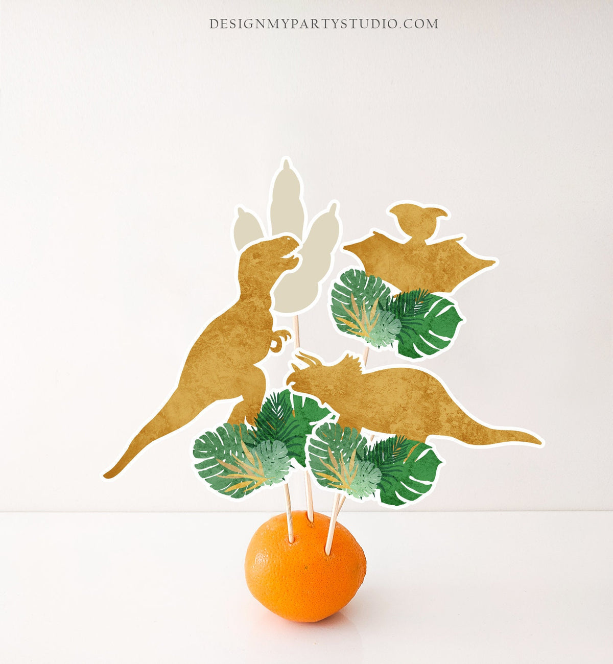 Printable Dinosaur Centerpieces Leaves Gold Boy Birthday Party Dino Birthday Cake Topper TRex T-Rex Table Decor Decorations DIY Digital 0146