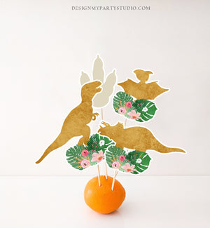 Printable Dinosaur Centerpieces Safari Leaves Gold Girl Birthday Party Jungle Cake Topper Table Decor Wild One Decorations DIY Digital 0146