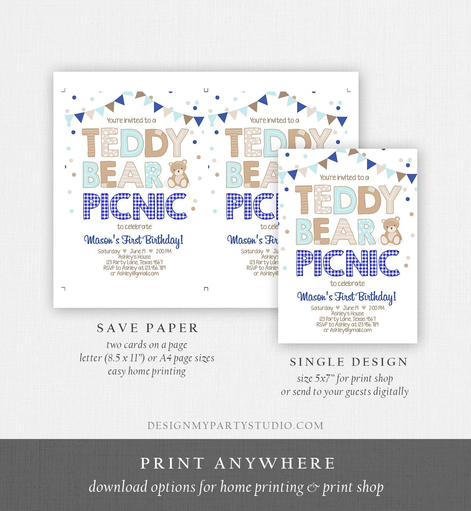 Editable Teddy Bear Picnic Birthday Invitation Boy Navy Blue Gingham Bear Picnic Outdoor First Birthday Digital Corjl Template 0100