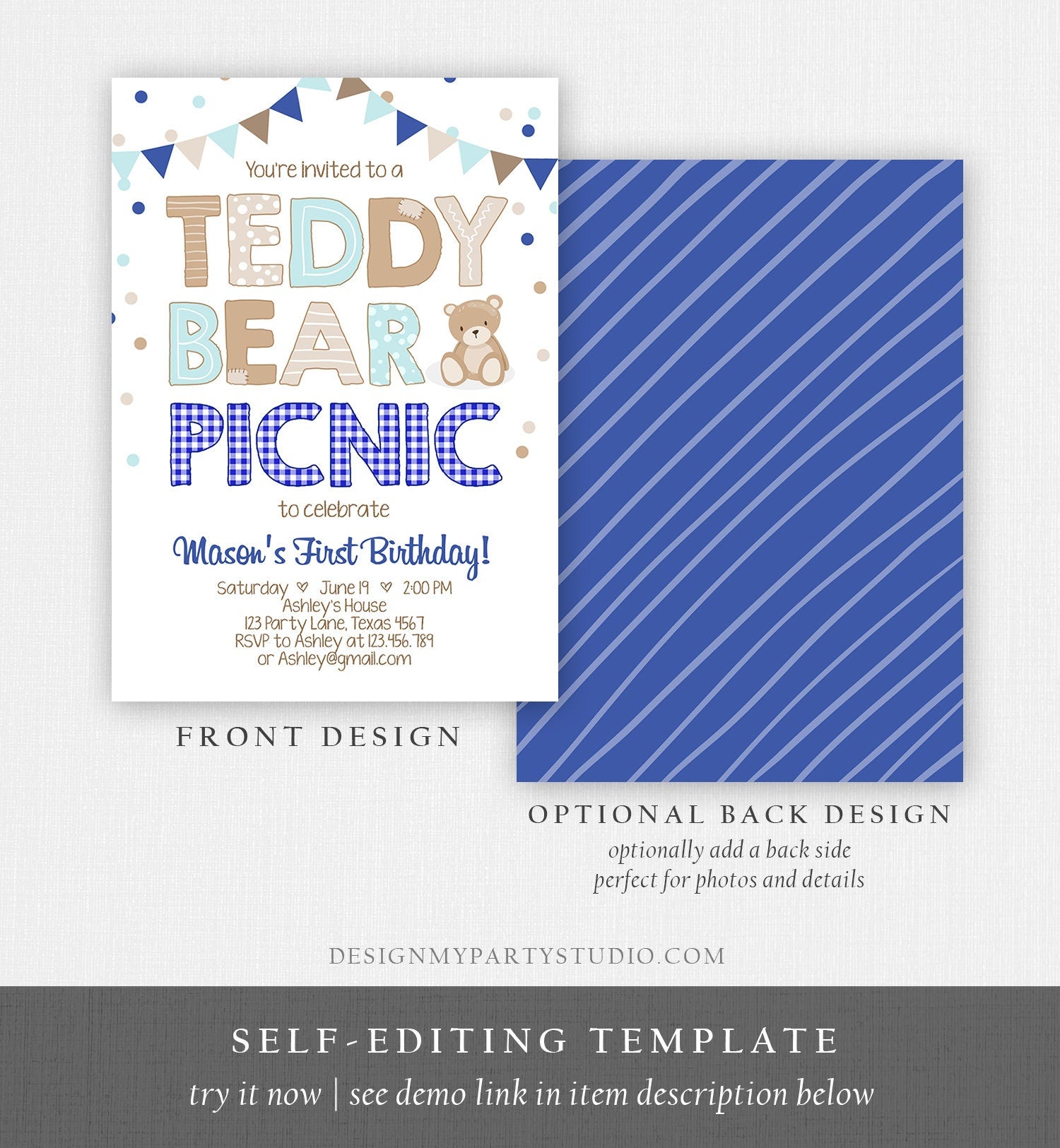 Editable Teddy Bear Picnic Birthday Invitation Boy Navy Blue Gingham Bear Picnic Outdoor First Birthday Digital Corjl Template 0100