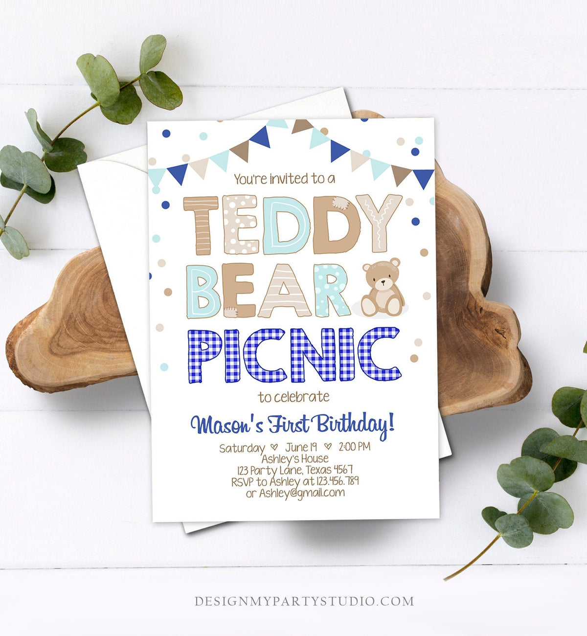 Editable Teddy Bear Picnic Birthday Invitation Boy Navy Blue Gingham Bear Picnic Outdoor First Birthday Digital Corjl Template 0100