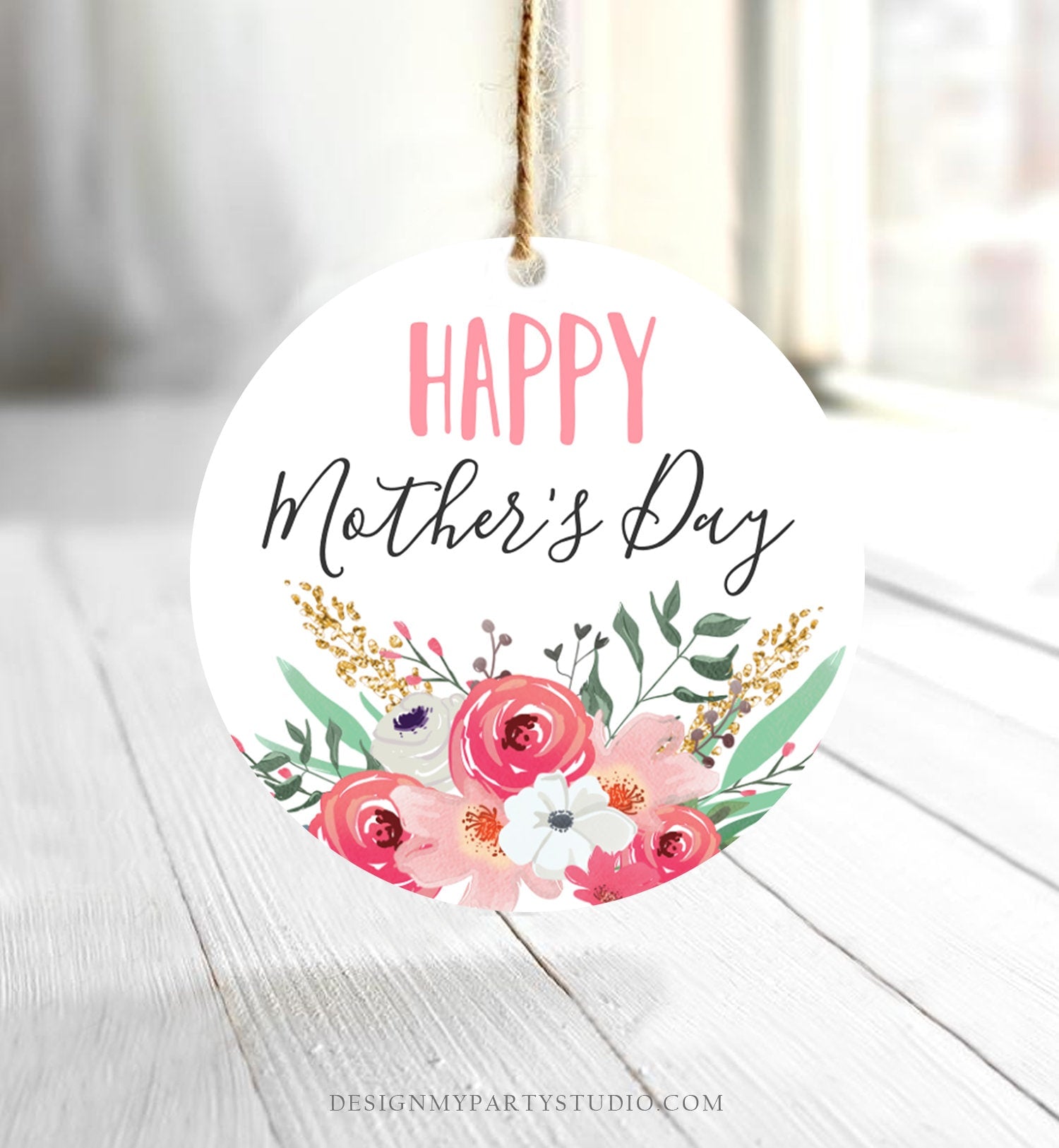 Editable Happy Mother's Day Favor Tag Mothers Day Gift Tag Mommy Floral Watercolor Pink Gold Gift Label Corjl Template Download Printable