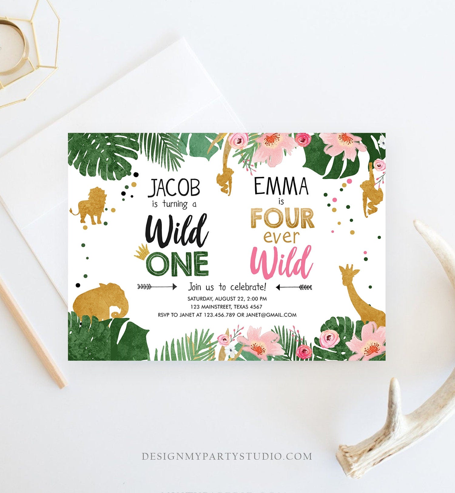 Editable Wild One Birthday Invitation Four Ever Wild Boy Girl Safari Animals Jungle Gold Joint Dual Combined Corjl Template Printable 0016