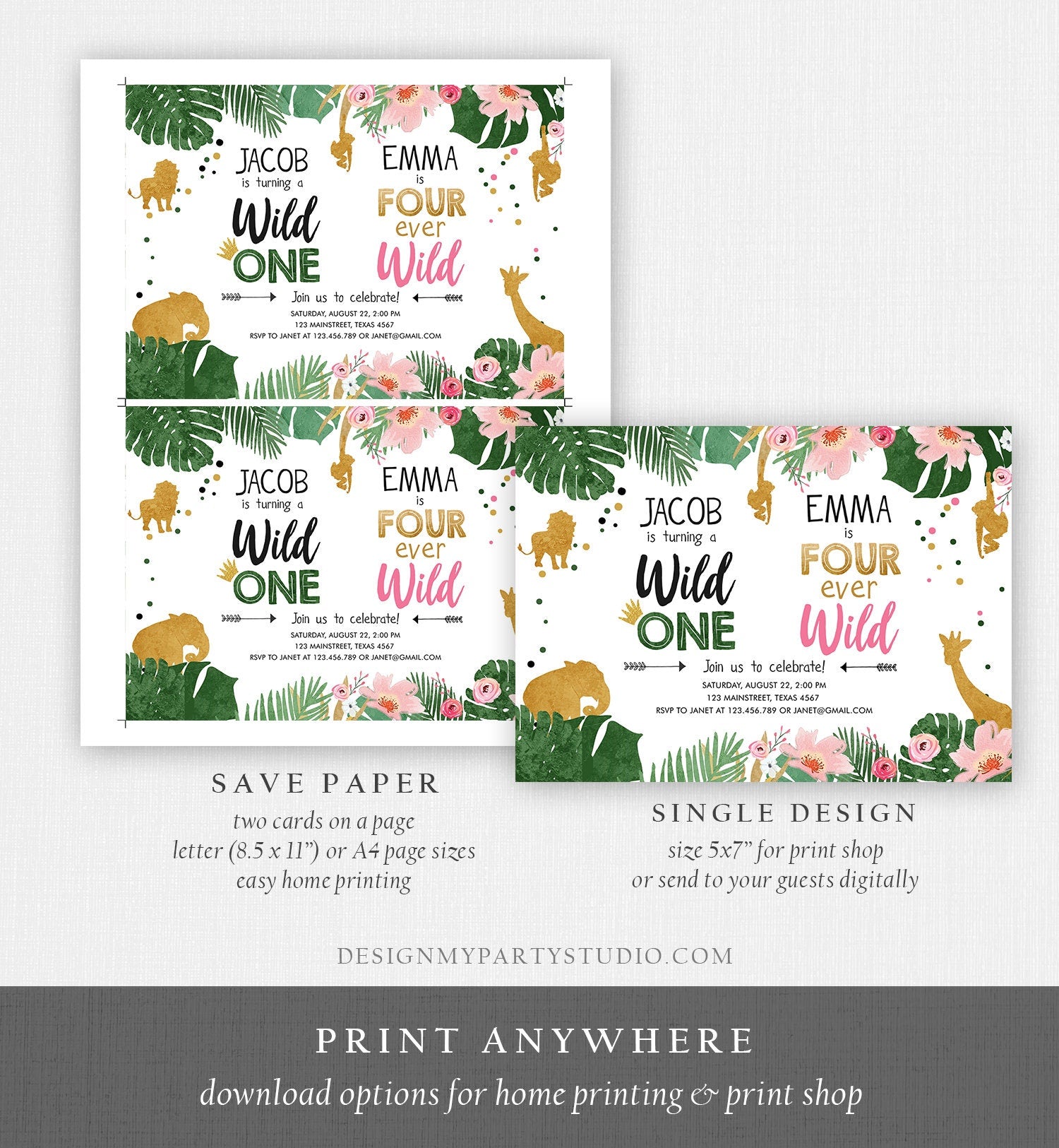 Editable Wild One Birthday Invitation Four Ever Wild Boy Girl Safari Animals Jungle Gold Joint Dual Combined Corjl Template Printable 0016