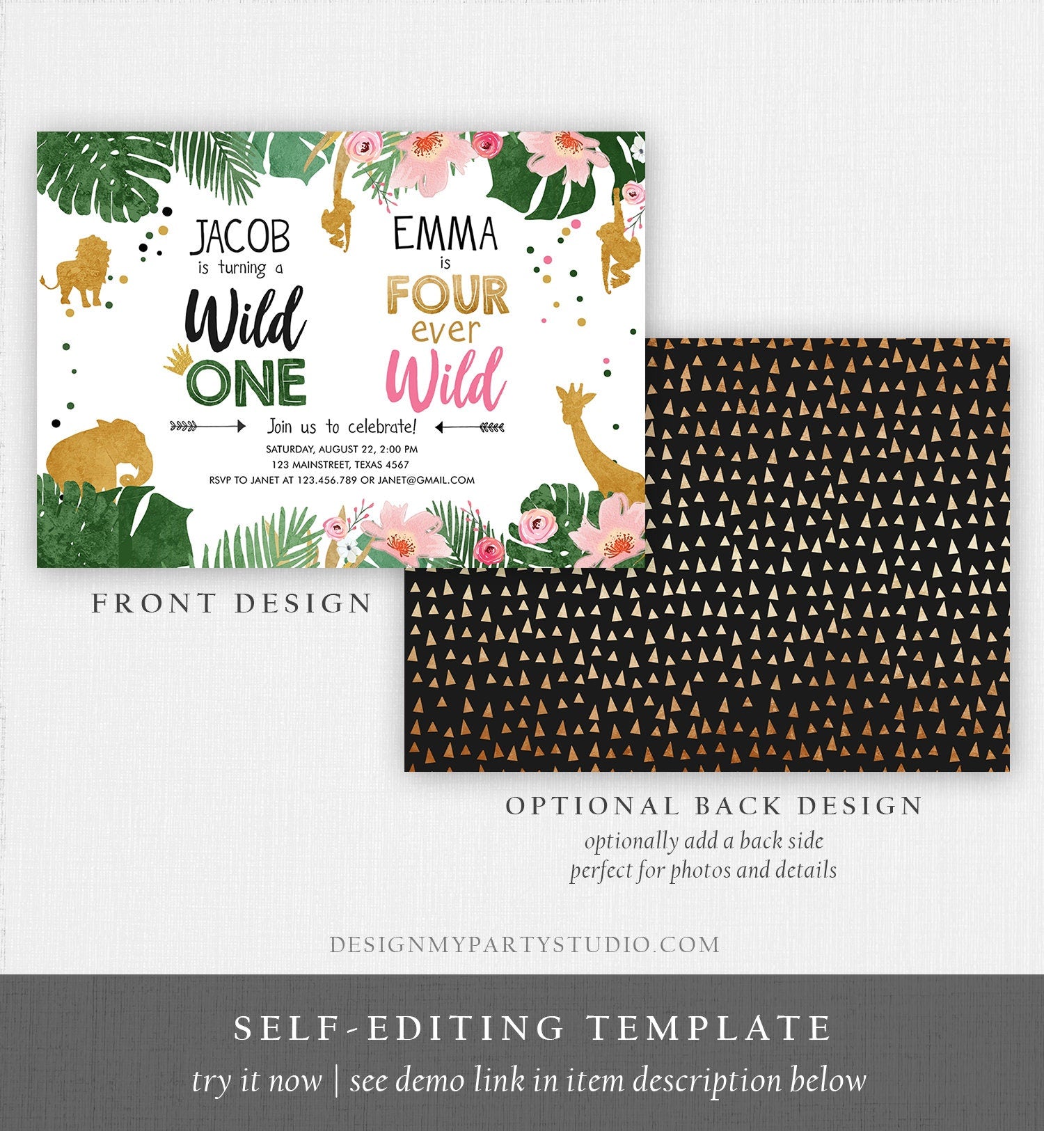 Editable Wild One Birthday Invitation Four Ever Wild Boy Girl Safari Animals Jungle Gold Joint Dual Combined Corjl Template Printable 0016