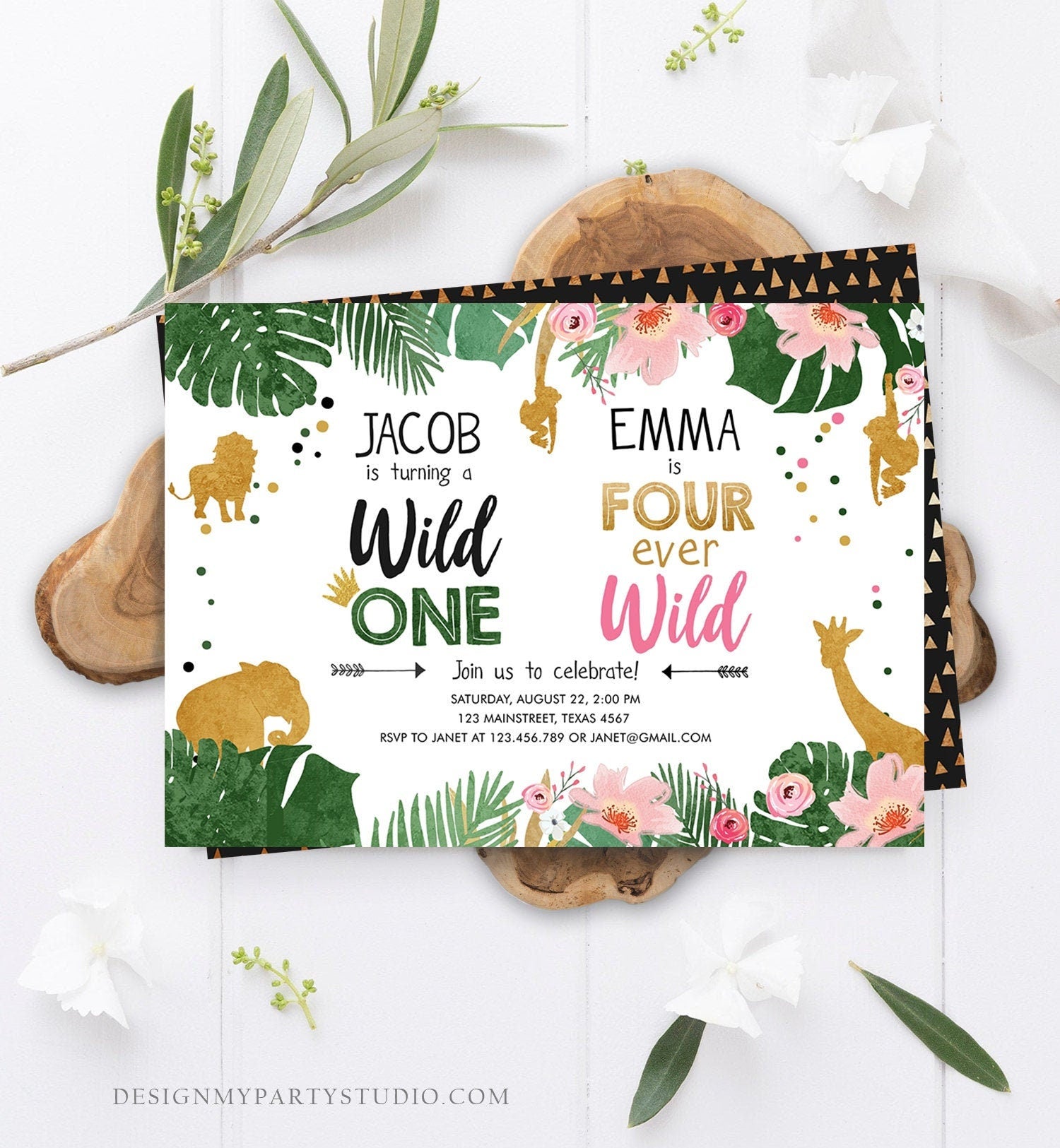 Editable Wild One Birthday Invitation Four Ever Wild Boy Girl Safari Animals Jungle Gold Joint Dual Combined Corjl Template Printable 0016