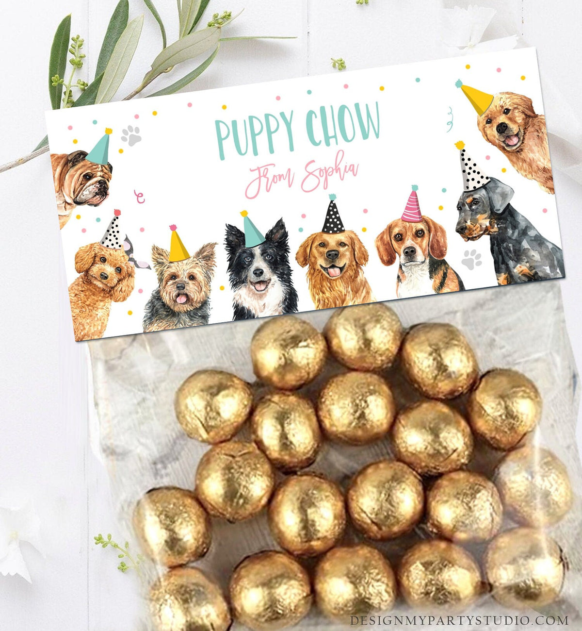 Editable Puppy Chow Bag Toppers Dog Puppy Birthday Treat Bag Toppers Pet Favor Bag Girl Birthday Vet Shelter Corjl Template Printable 0384